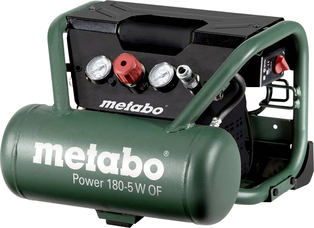 Grüner Metabo Power 180-5 W OF tragbarer Luftkompressor mit Druckmessern und Regelventilen auf weißem Hintergrund.