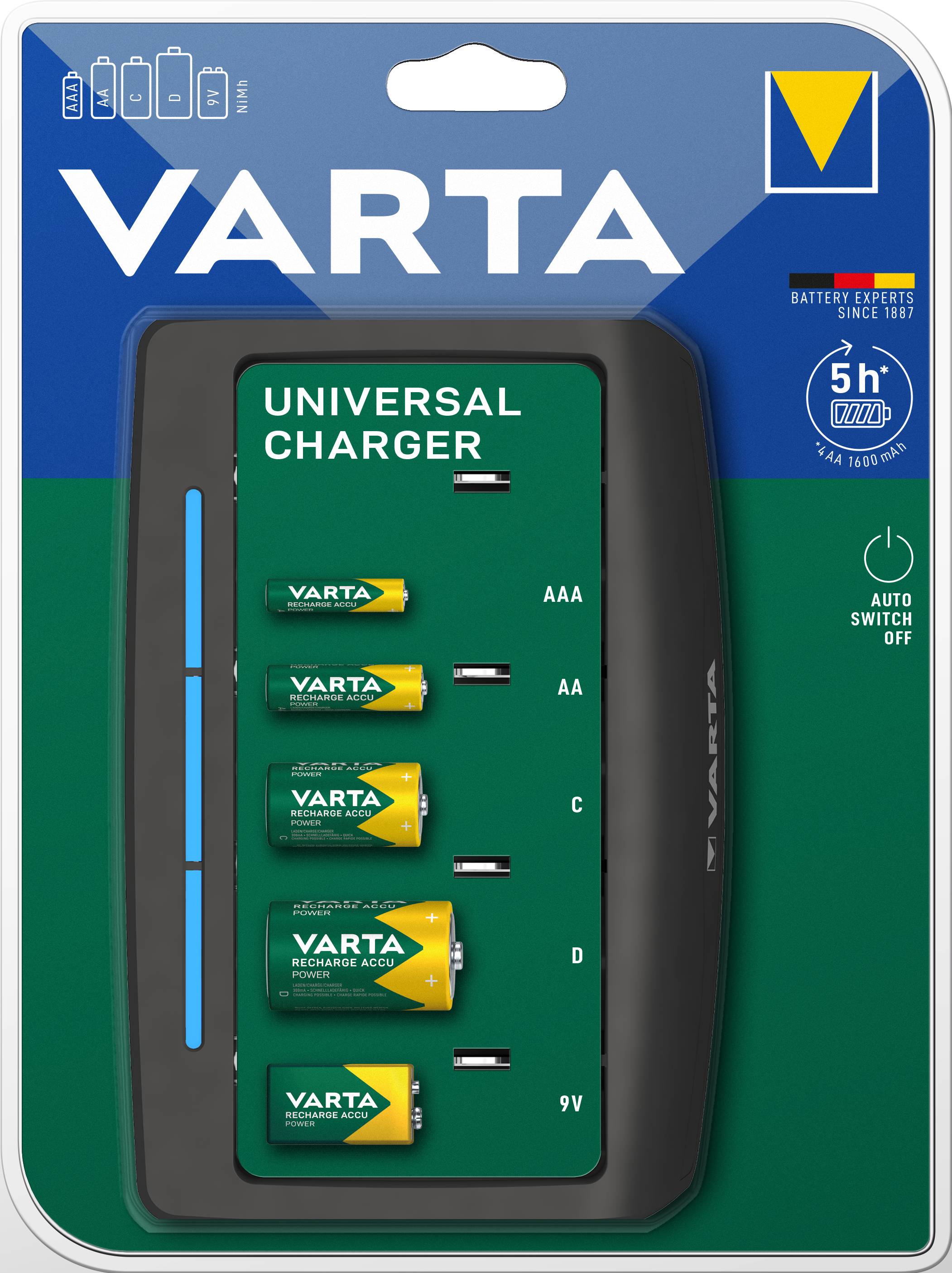Varta Universal Charger Rundzellen-Ladegerät NiMH Micro (AAA), Mignon (AA), Baby (C), Mono (D), 9 V Block