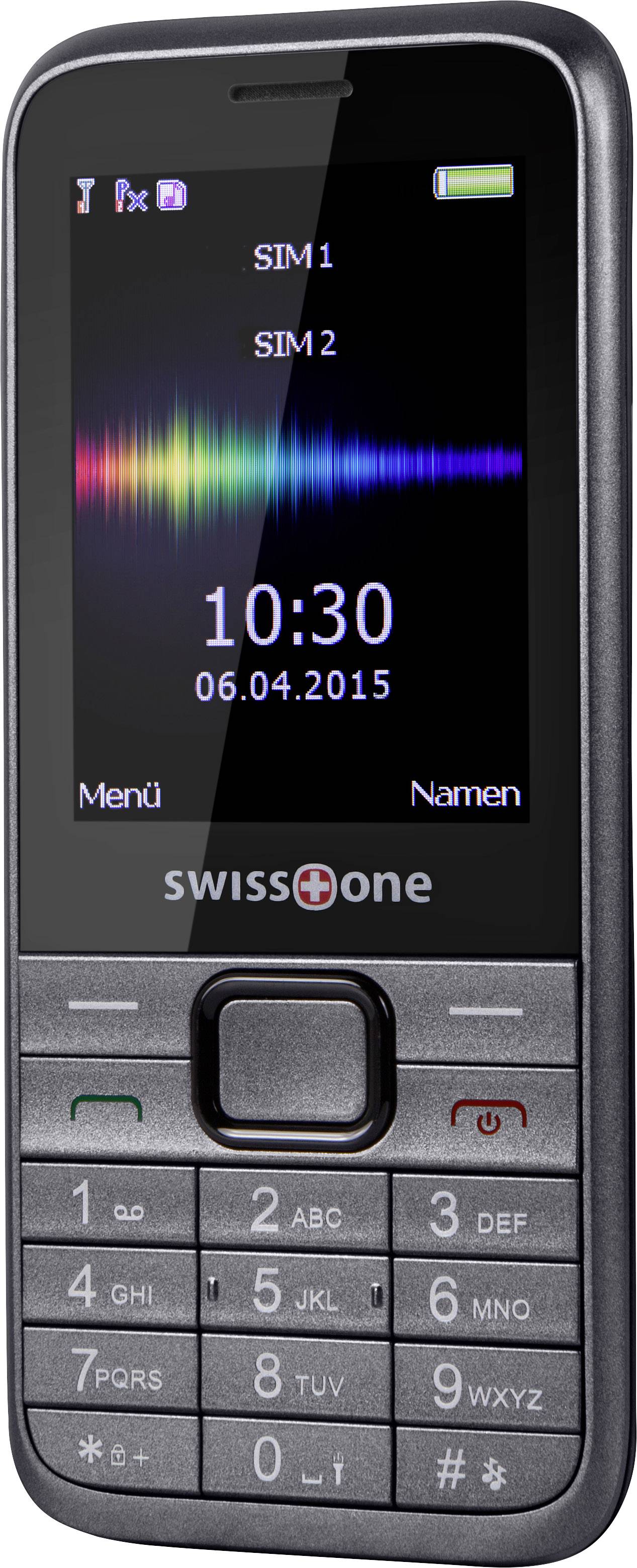 Ein Mobiltelefon mit Tasten, zwei SIM-Karten-Anzeige 'SIM1', 'SIM2', und Uhrzeit '10:30', Datum '06.04.2015'.
