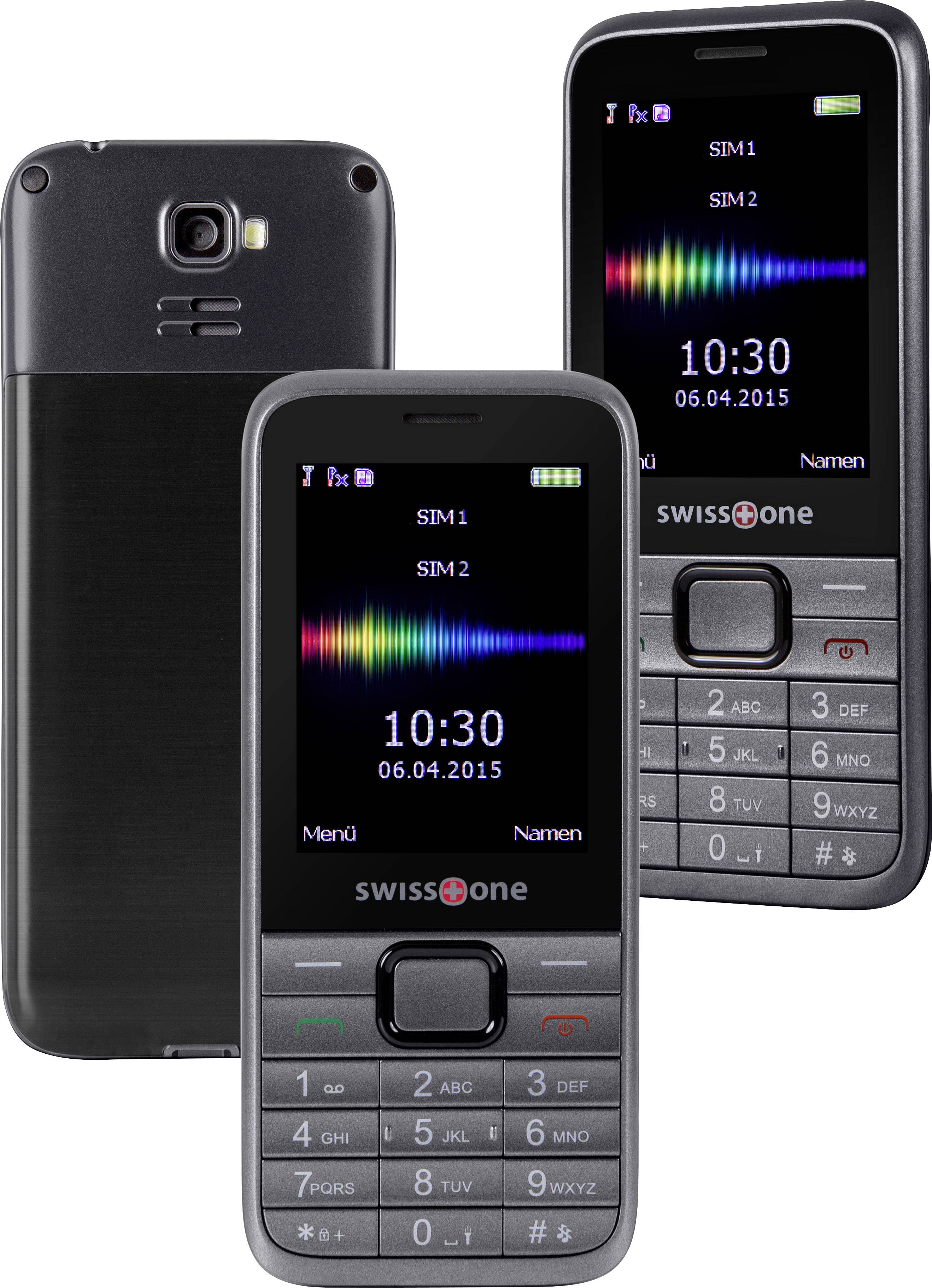 Zwei schwarze Mobiltelefone von swissone mit farbigem Bildschirm und Tastatur. Anzeige: '10:30, 06.04.2015', SIM-Karten-Status.