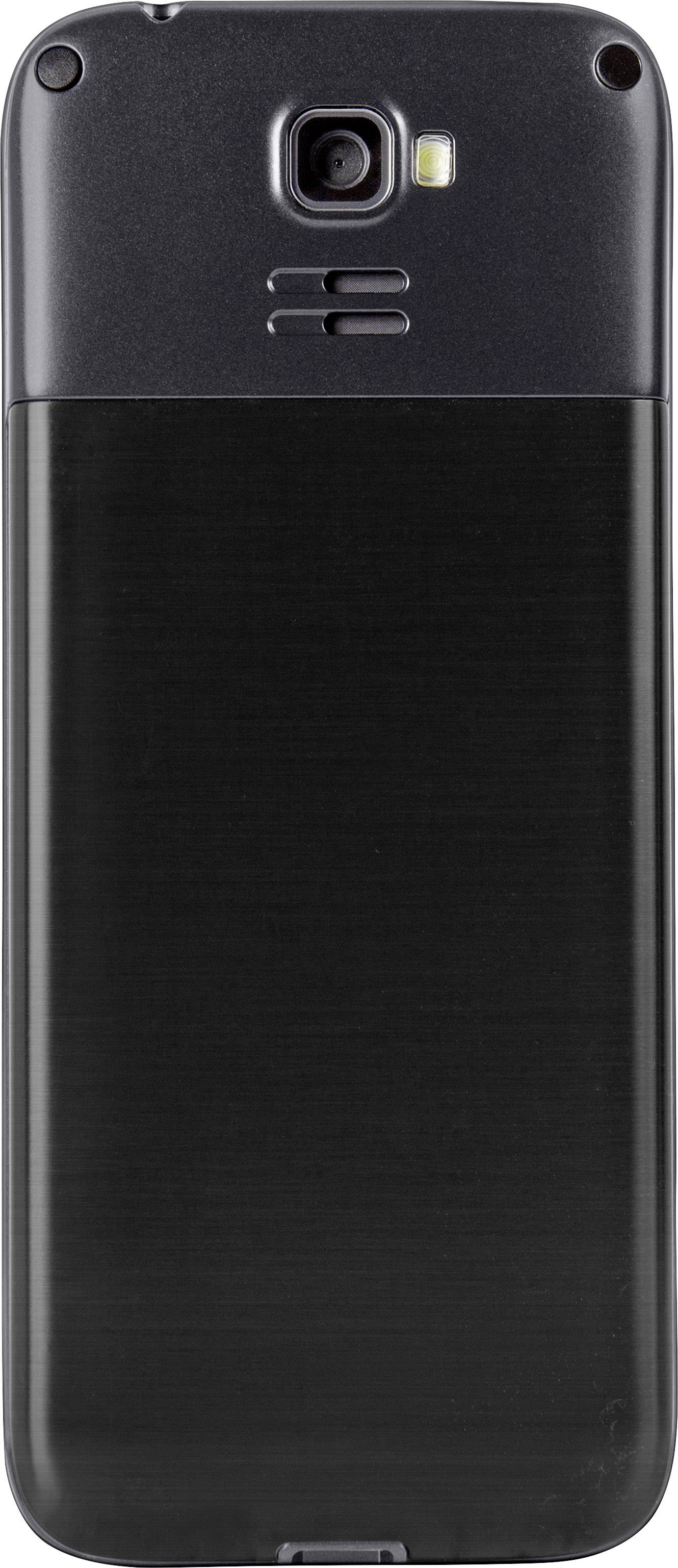 Rückseite eines schwarzen Mobiltelefons mit Kamera und Blitz oben.
