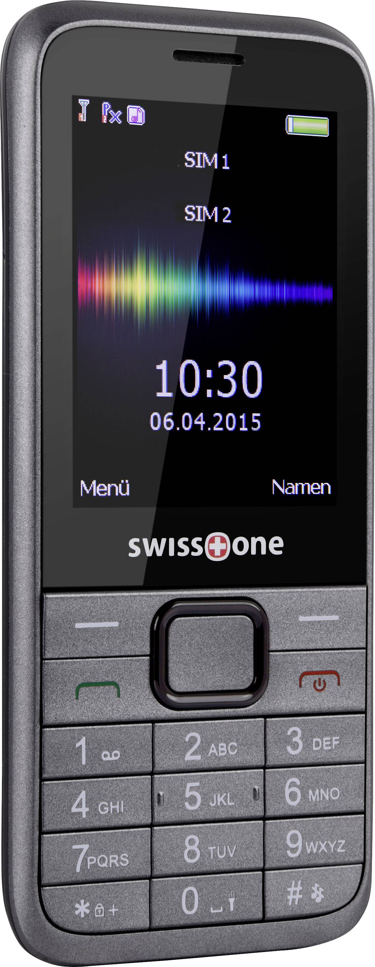 Ein graues Mobiltelefon mit Tasten und kleinem Bildschirm zeigt die Uhrzeit '10:30', das Datum '06.04.2015' und SIM-Karten-Anzeigen an.
