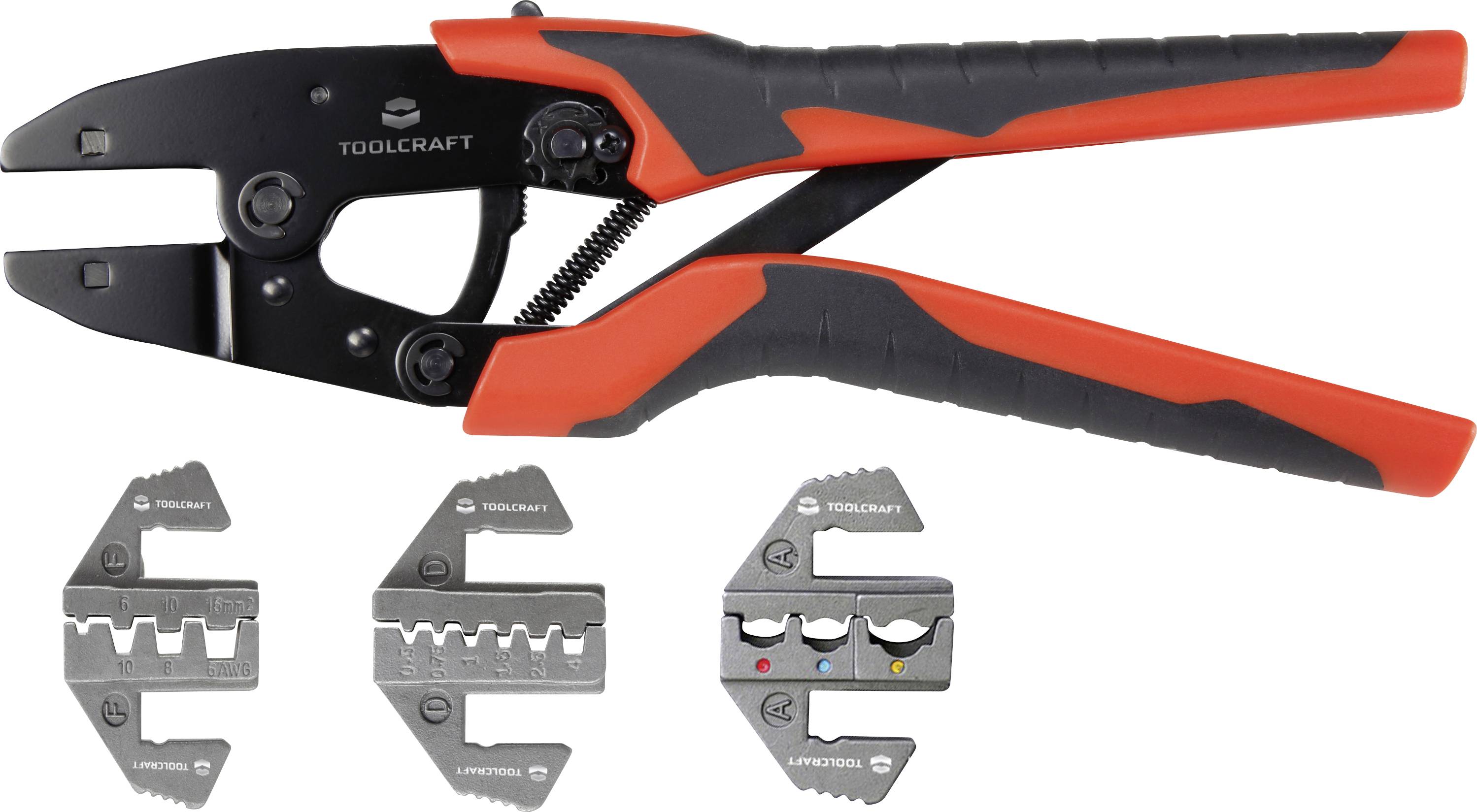 Toolcraft Ratschenschneider für Kabel mit schwarzen und orangefarbenen Griffen, dargestellt oben mit drei austauschbaren Schneidewerkzeugen für verschiedene Kabelgrößen.