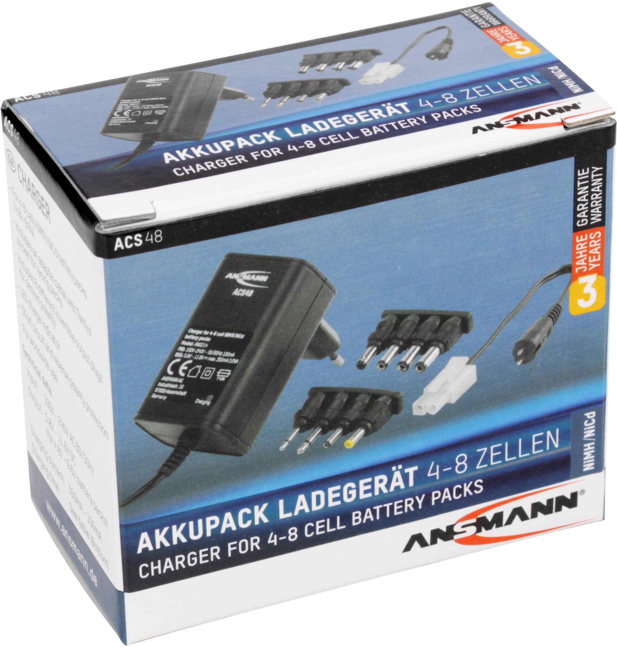 Verpackung eines Akkupack-Ladegeräts für 4-8 Zellen, inklusive Adapter und Kabel, Markenname 'Ansmann', mit 3 Jahren Garantie-Hinweis.