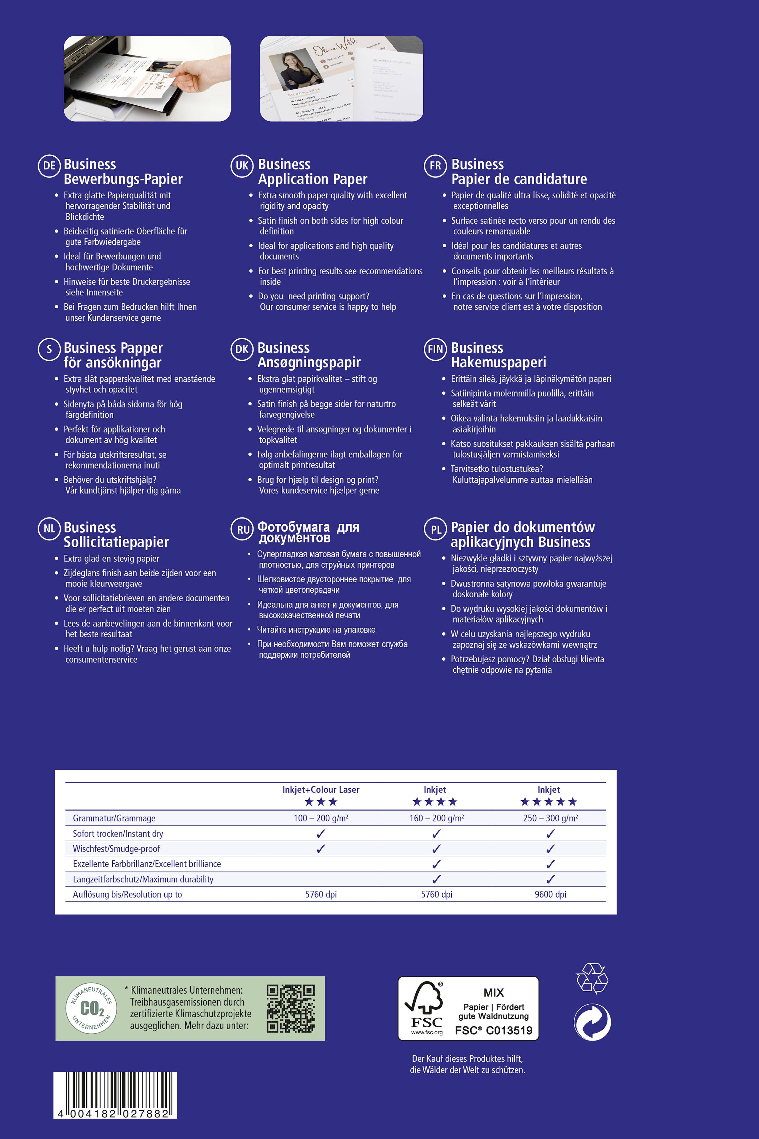 'Business Application Paper' Produktspezifikationen auf lila Hintergrund. Mehrsprachiger Text beschreibt Papierdetails und Anwendungen.