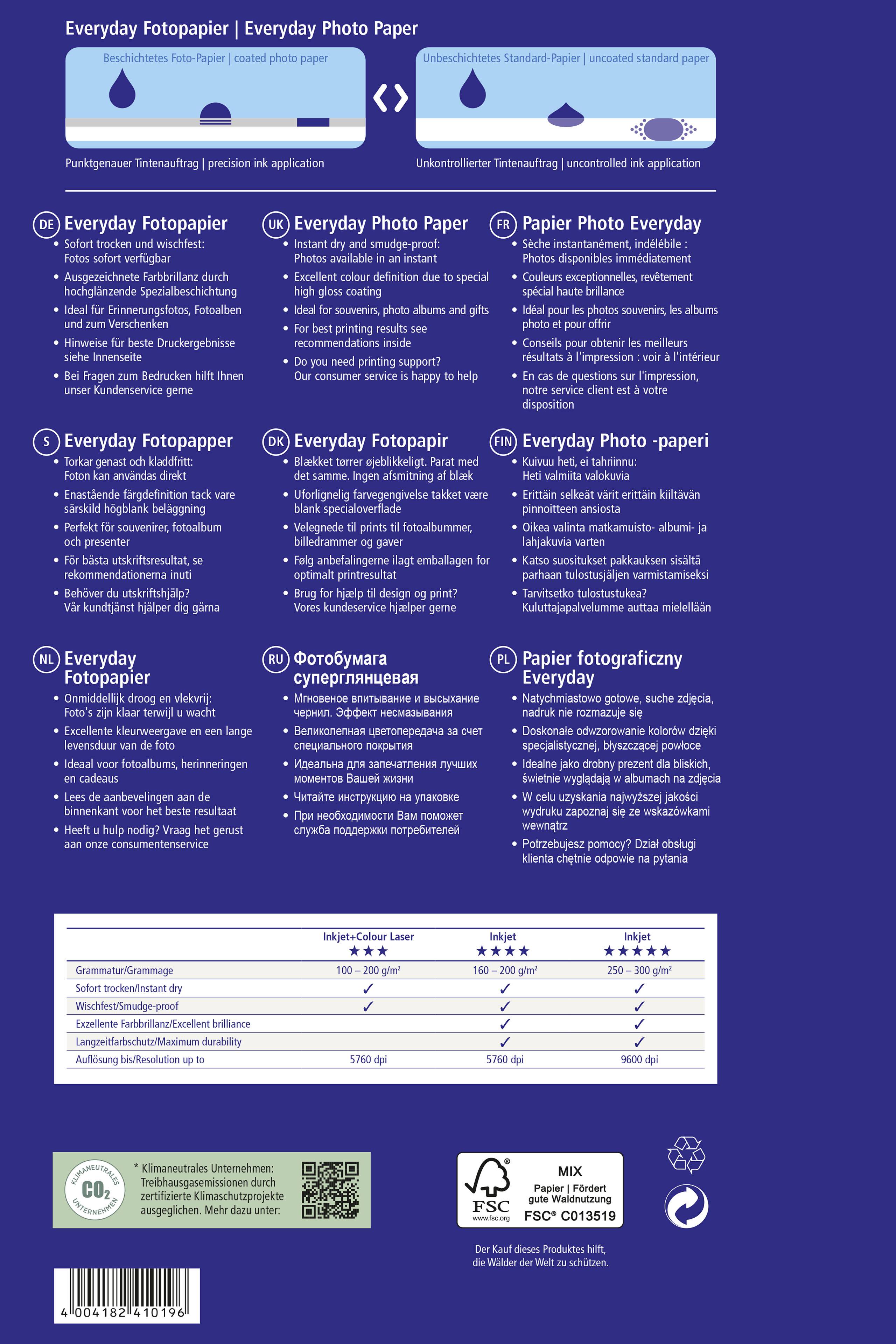 'Everyday Fotopapier' in mehreren Sprachen, mit Symbolen und Spezifikationen über Tintentyp und Druckqualität. Recycling- und Umweltzeichen unten.