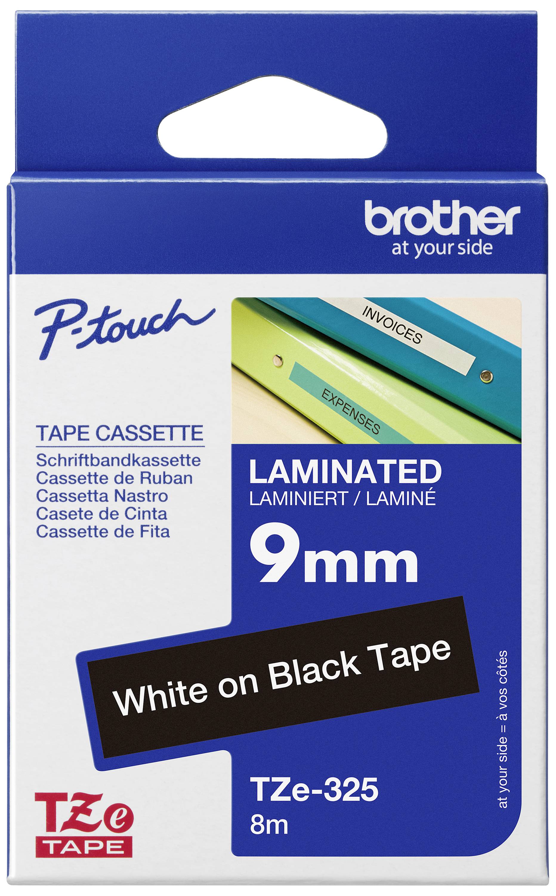 Kartonverpackung für brother P-touch TZe-325, 9mm Laminierband, Weiß auf Schwarz, 8m Länge. Hauptsächlich zur Beschriftung.