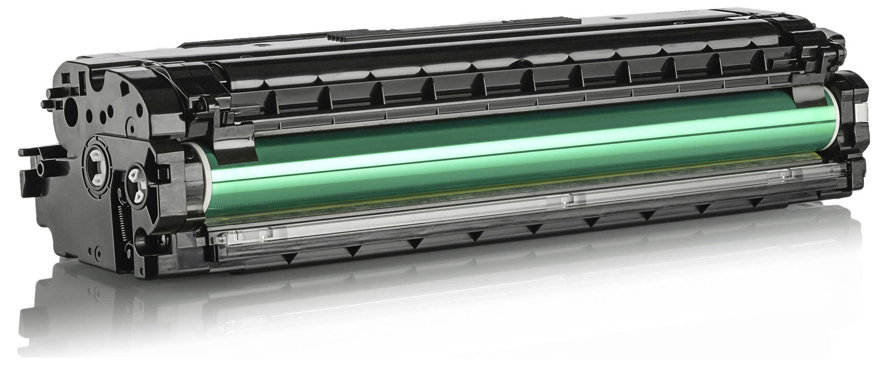 Schwarze Druckertonerkartuschen/Trommelkartuschen mit leuchtend grüner Bildzylinder auf weißem Hintergrund.