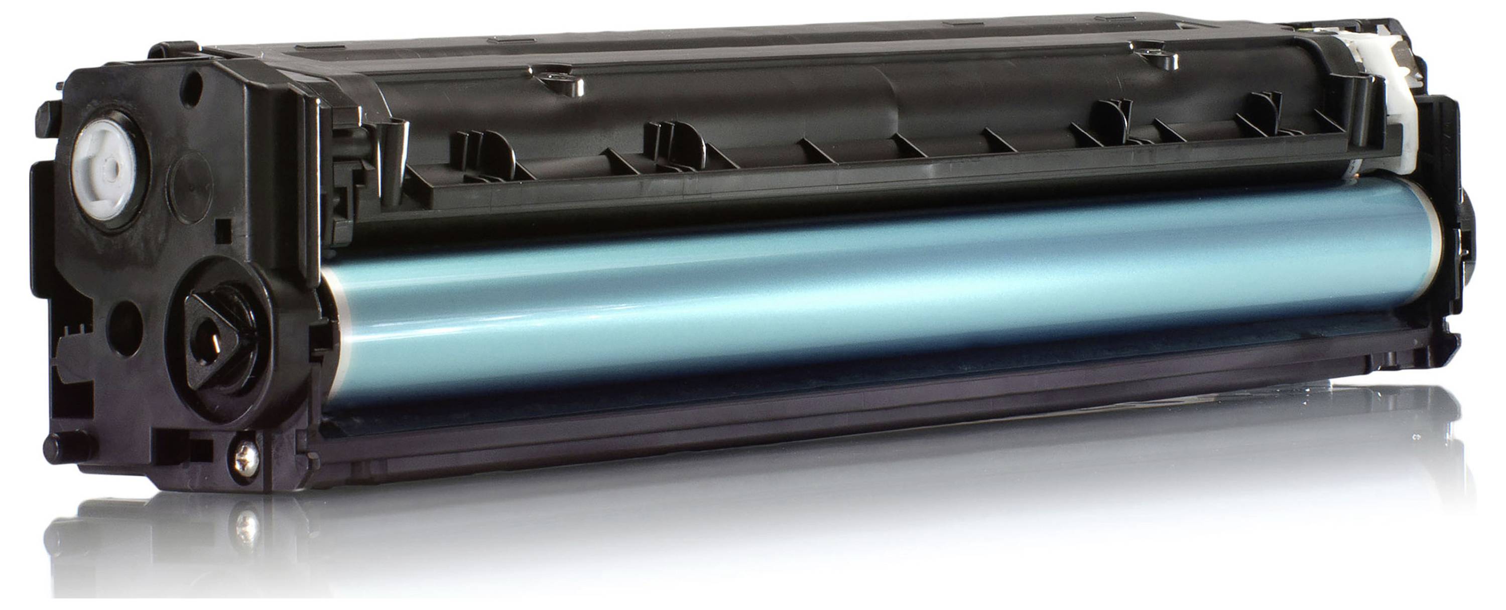 Schwarze Druckertonerpatrone mit einer Cyan-Trommel, in Nahaufnahme auf weißem Hintergrund gezeigt.