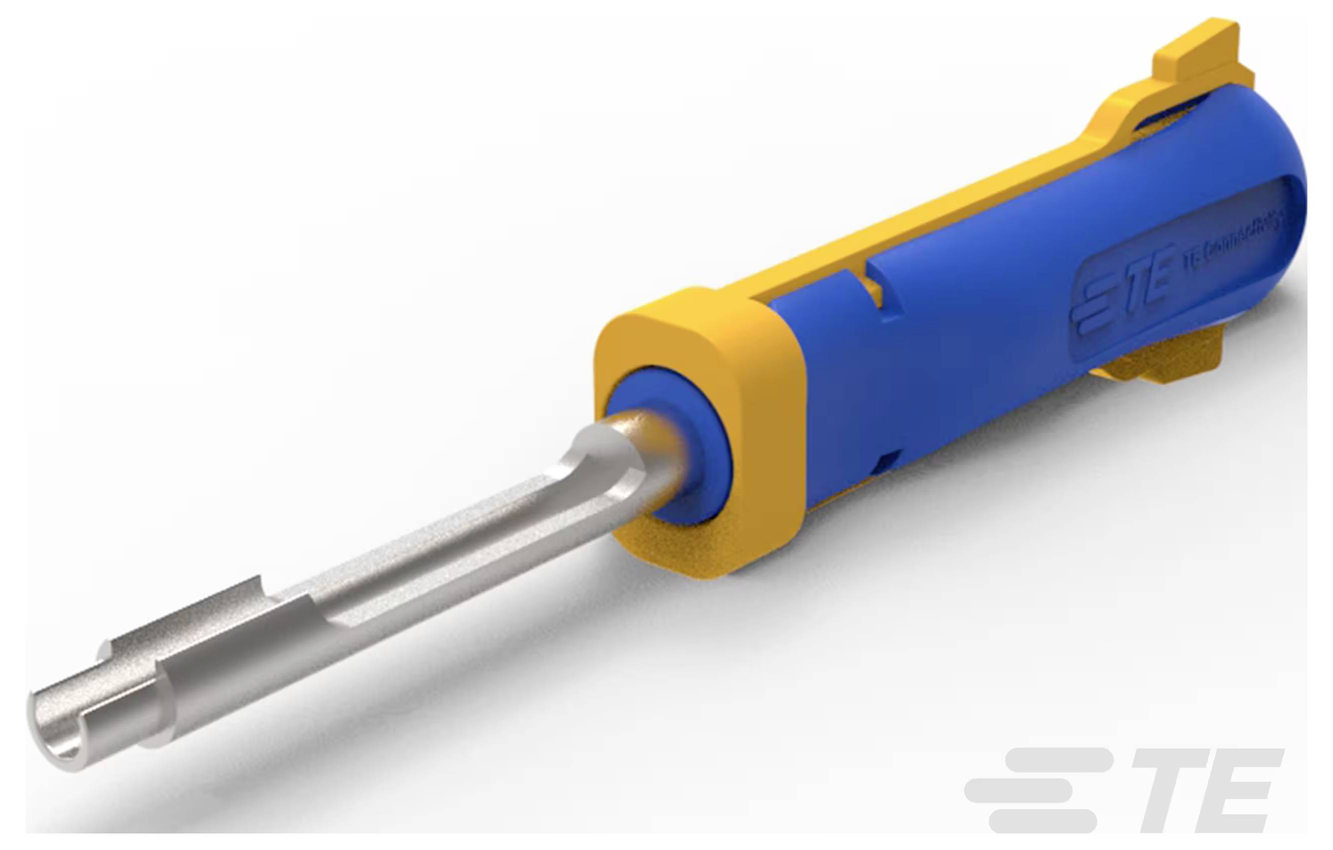 Ein blau-gelbes tragbares Werkzeug mit der Bezeichnung „TE