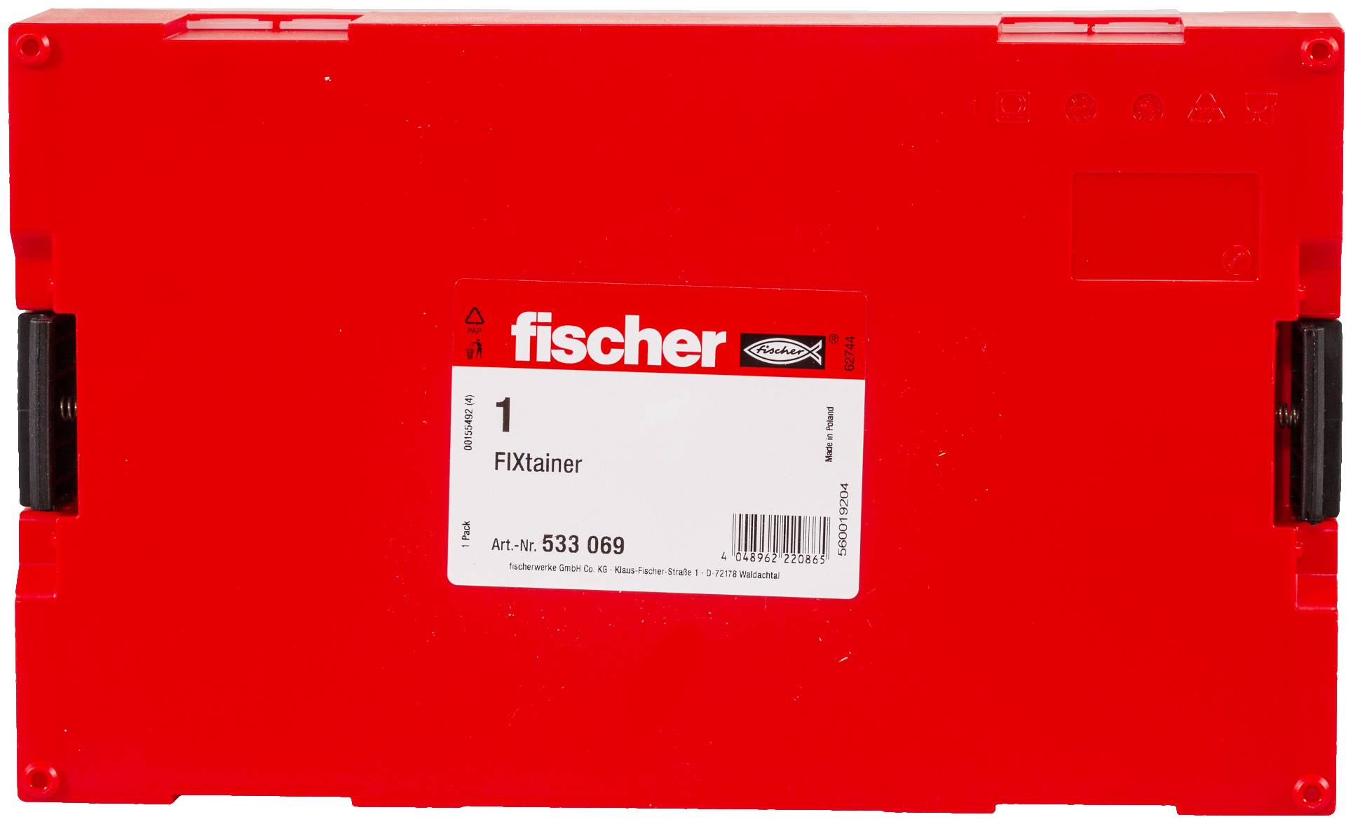 Rotes Kunststoff Fischer FIXtainer Gehäuse mit zentralem Etikett, auf dem „1 FIXtainer