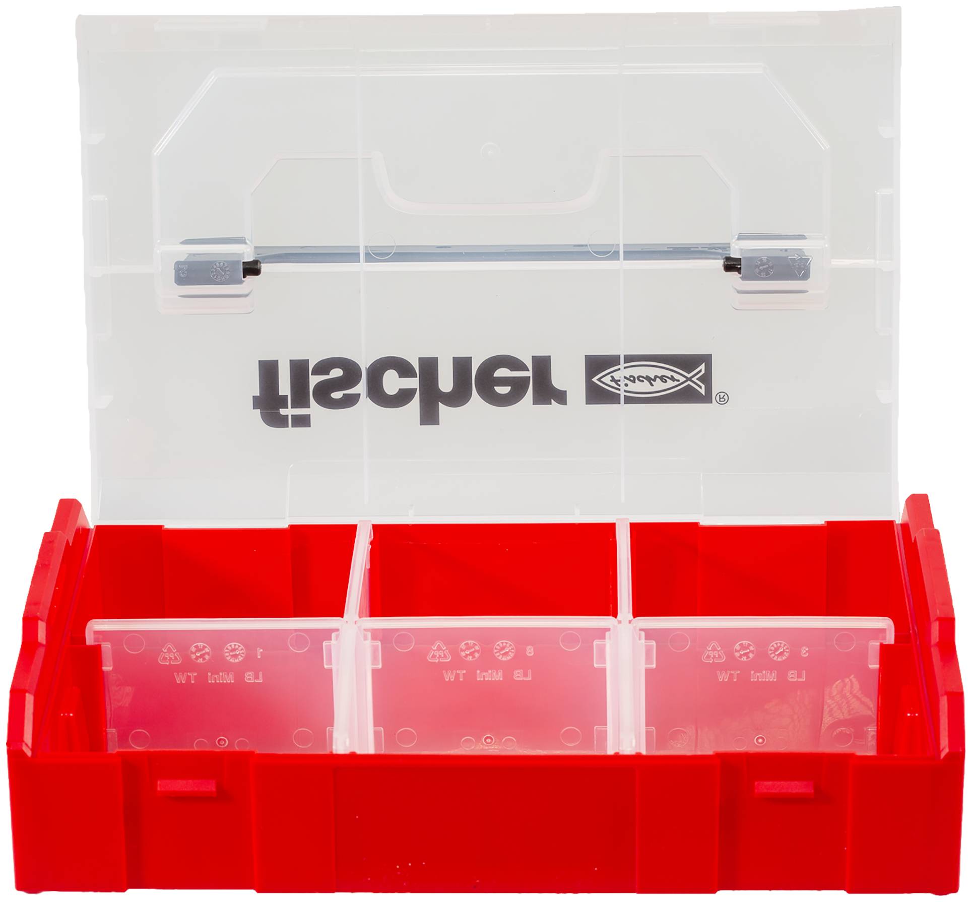 Rot-transparente Kunststoff-Angelbox mit drei roten Lagerfächern und einem durchsichtigen Deckel mit der Beschriftung „tischer