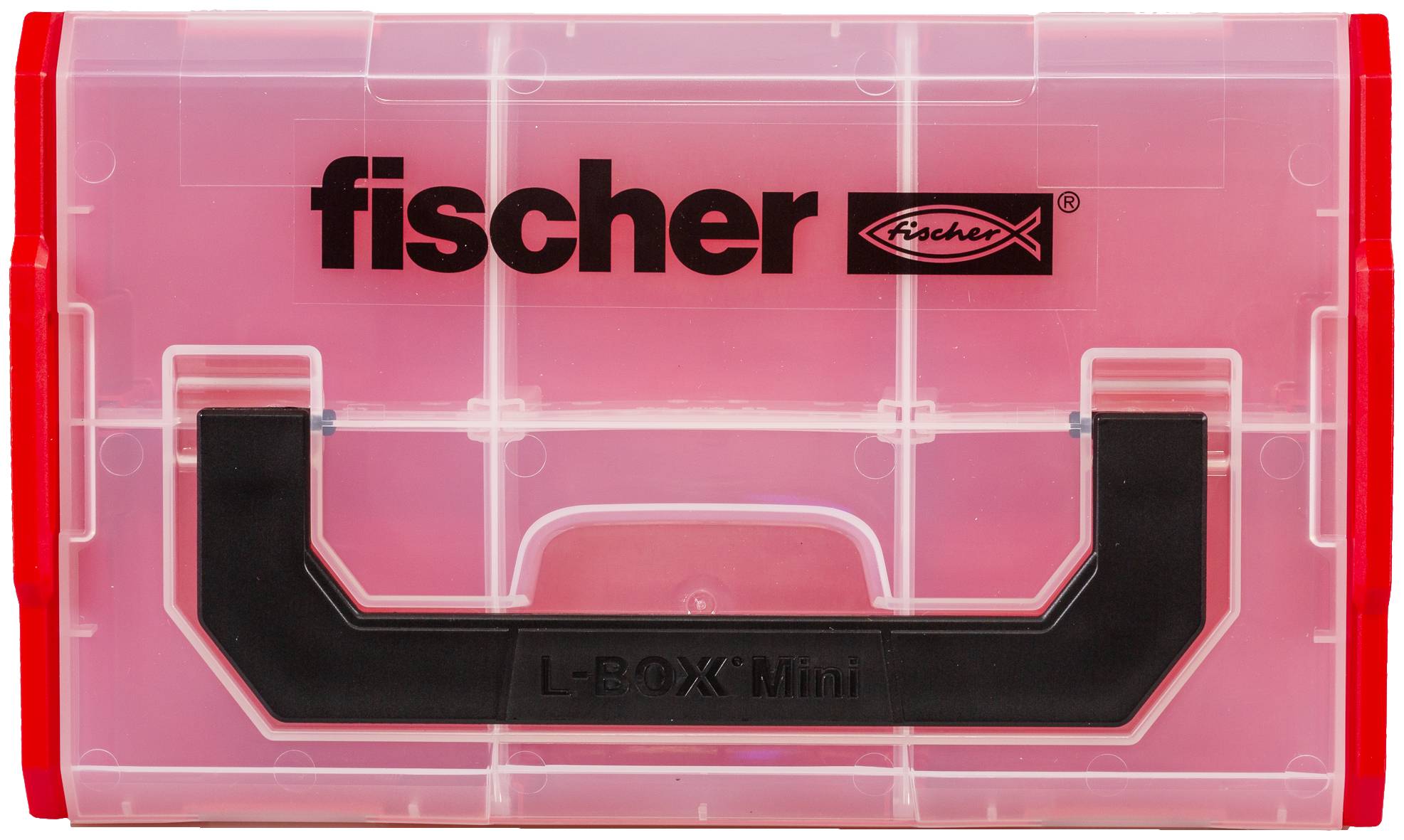 Pink Fischer L-Boxx Mini Aufbewahrungsbox mit durchsichtigem Deckel und roten Seitenverschlüssen.
