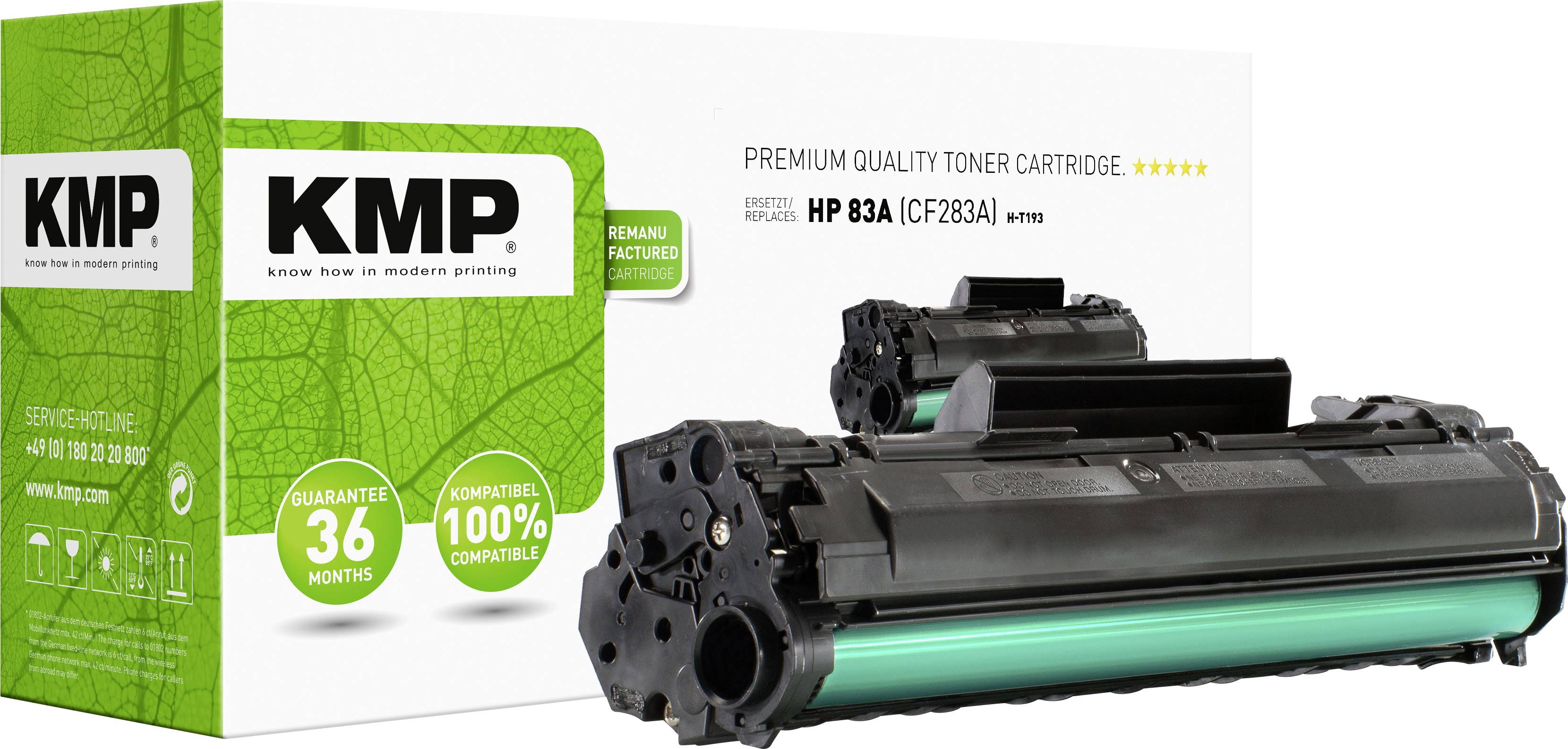 HP 83A Tonerkartusche, wiederaufbereitet von KMP, kompatibel mit HP Geräten. Verpackung mit Garantie- und Kompatibilitätsangaben.