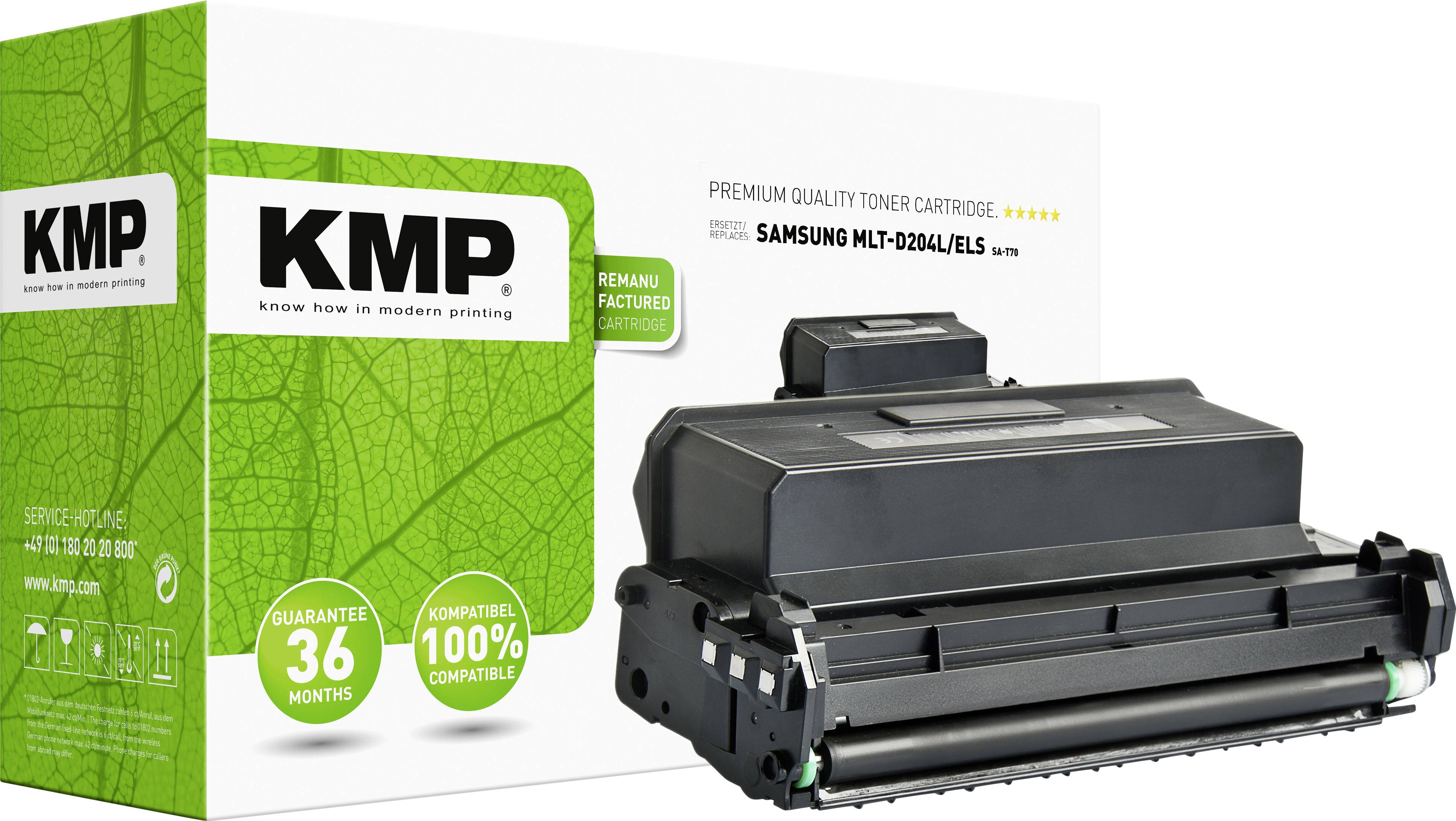 Tonerpatrone von KMP, kompatibel mit Samsung MLT-D204L/ELS. Verpackungsaufdruck verspricht 36 Monate Garantie und 100% Kompatibilität.