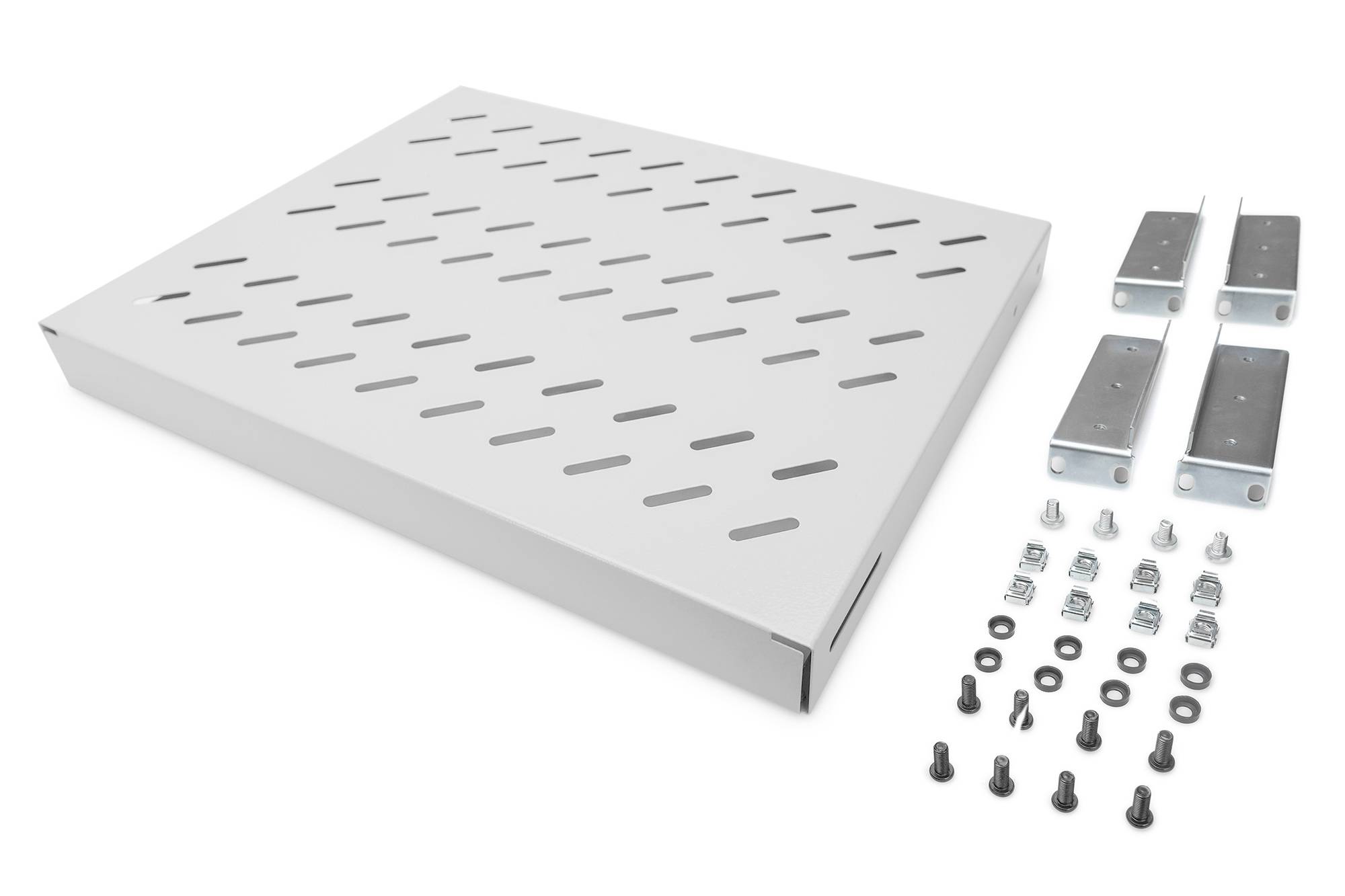 Silbernes Regalboden-Kit mit vier Halterungen, Schrauben und Muttern; dient zur Wandmontage und Lagerung.