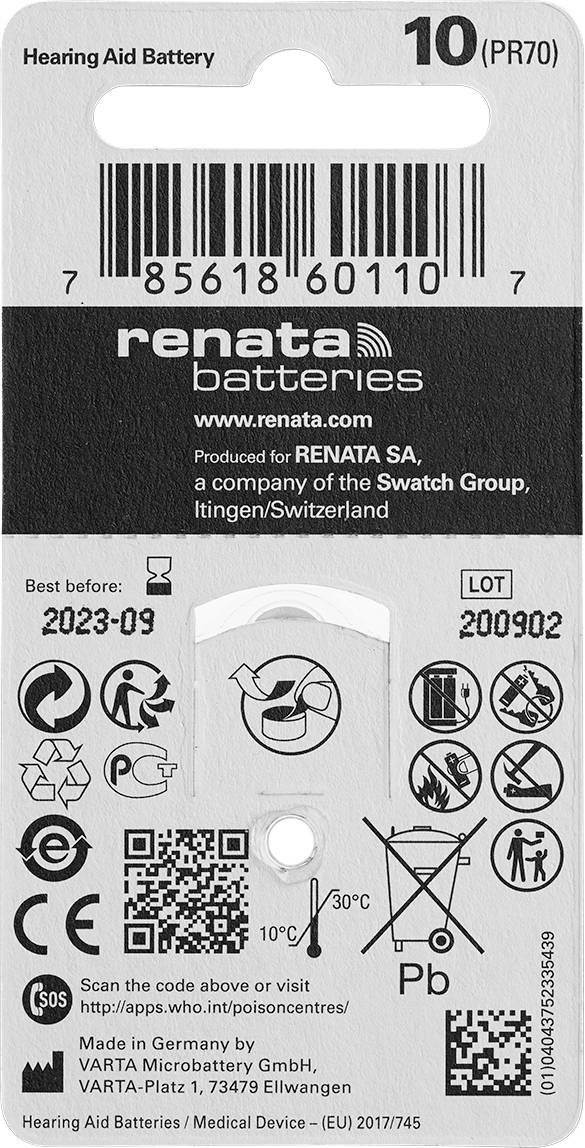 Renata Batterien Verpackung für Hörgerätebatterie Größe 10, Modell PR70. Haltbarkeitsdatum September 2023, hergestellt in Deutschland.
