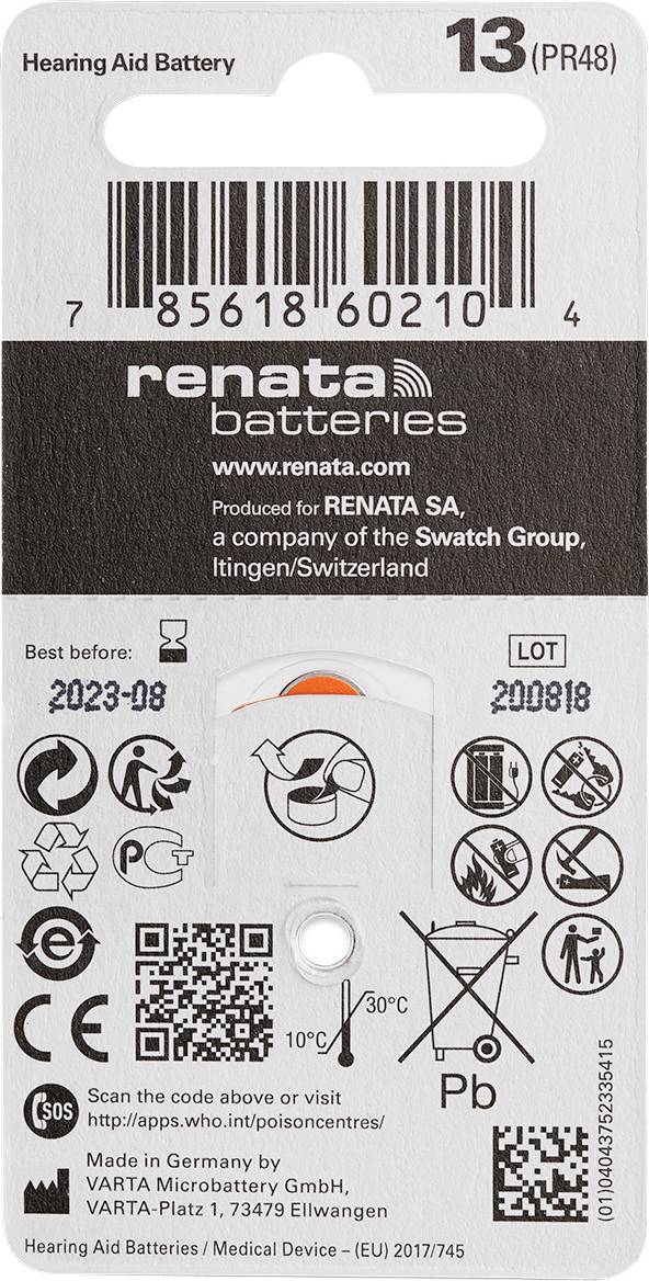 Verpackung einer Hörgerätebatterie der Marke 'renata', Modell 13 (PR48), mit Haltbarkeitsdatum 2023-08, produziert in der Schweiz.