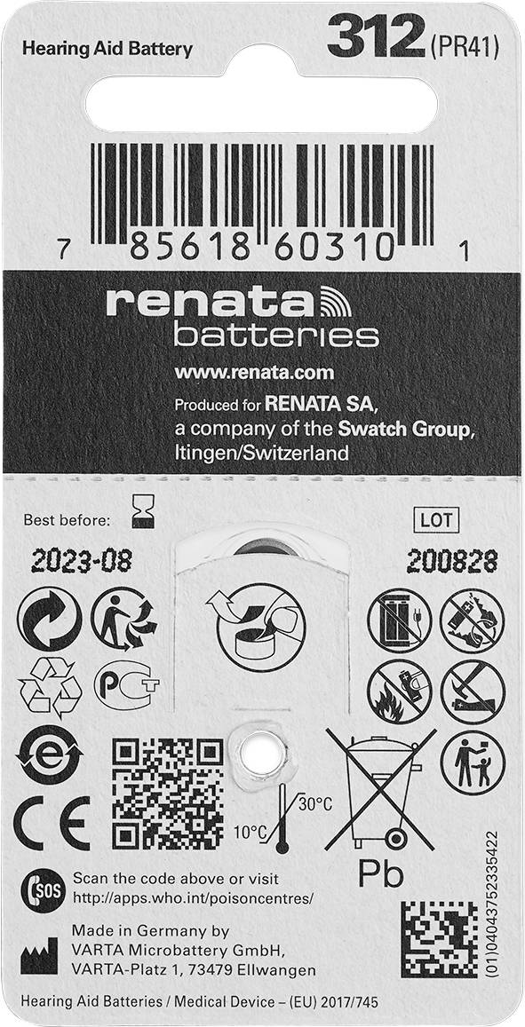 Vorderseite einer Blisterpackung für Hörgerätebatterien der Marke 'Renata 312 (PR41)'. Hergestellt in Itingen, Schweiz. Verfallsdatum: 2023-08. Symbole: Temperatur, Recycling, Quecksilberfrei.