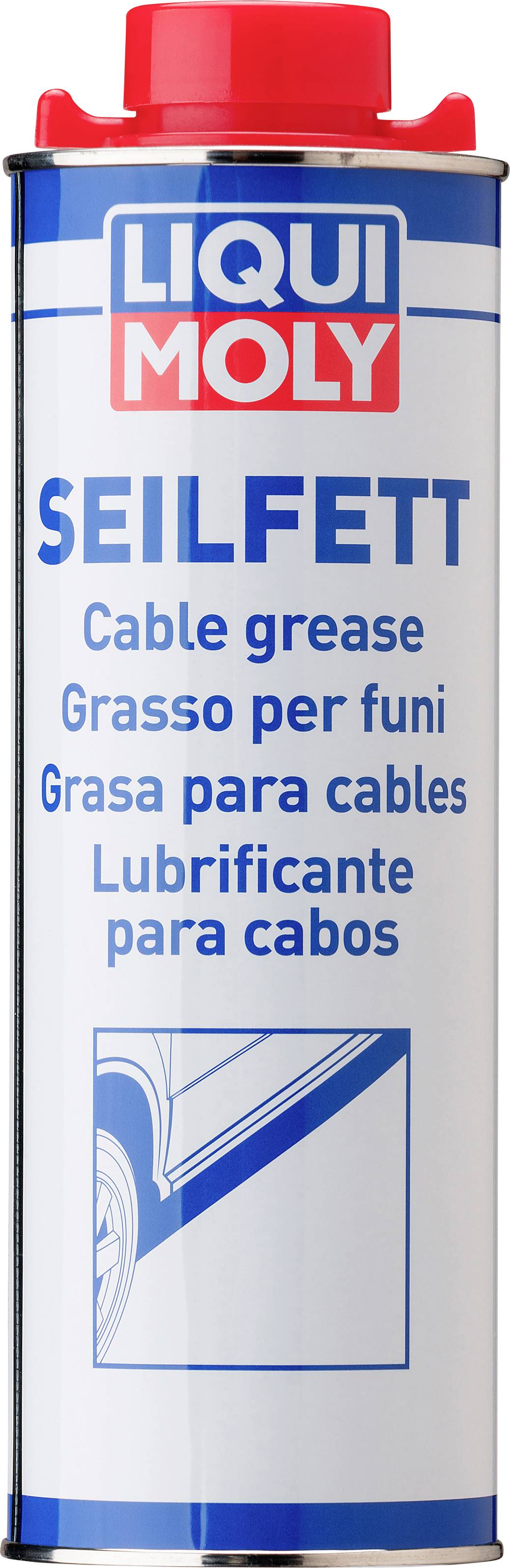 Dose Schmierfett mit rotem Deckel. Markiert als 'SEILFETT' in mehreren Sprachen, einschließlich Deutsch und Englisch. Marke oben.