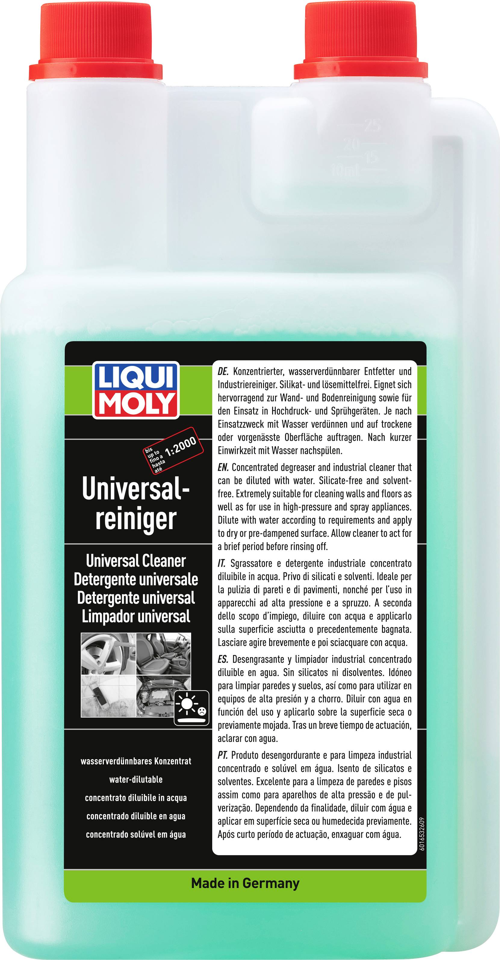 Flasche LIQUI MOLY Universalreiniger, ein türkisfarbenes flüssiges Reinigungsprodukt mit roten Kappen und mehrsprachigem Etikett, von vorne gezeigt.