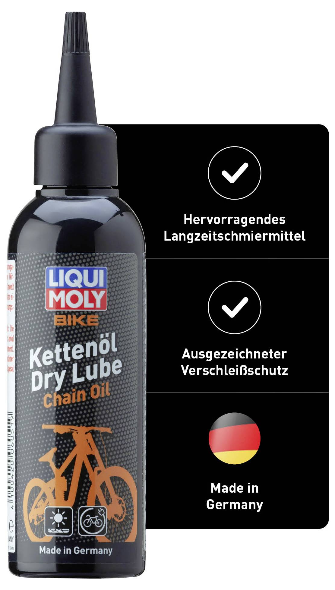 'LIQUI MOLY Bike Kettenöl Dry Lube' Flasche. Text: 'Hervorragendes Langzeitschmiermittel', 'Ausgezeichneter Verschleißschutz', 'Made in Germany'.
