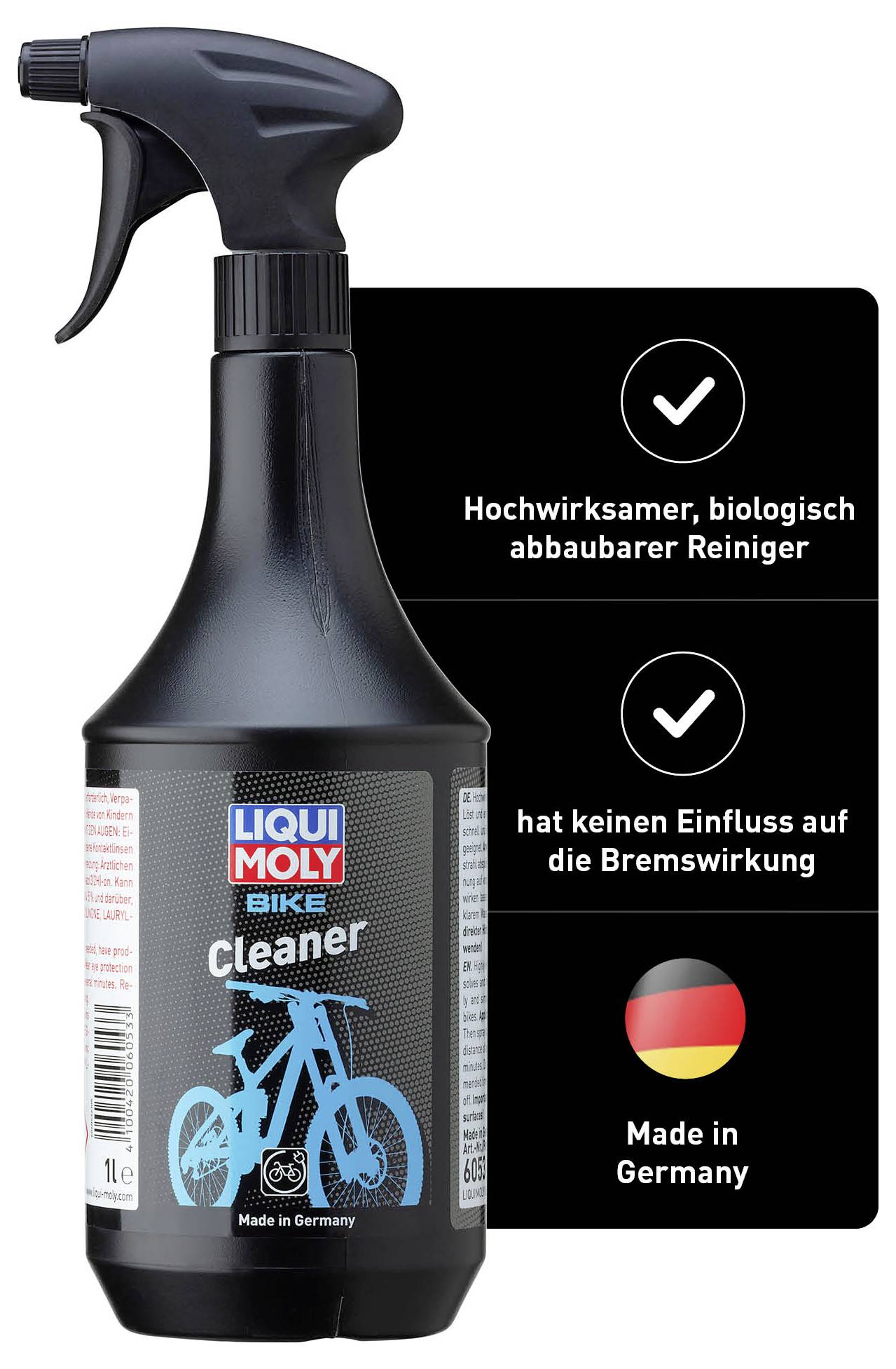 Eine schwarze Sprühflasche mit 'Liqui Moly Bike Cleaner', daneben Text: 'Hochwirksamer, biologisch abbaubarer Reiniger, hat keinen Einfluss auf die Bremswirkung'. 'Made in Germany'.