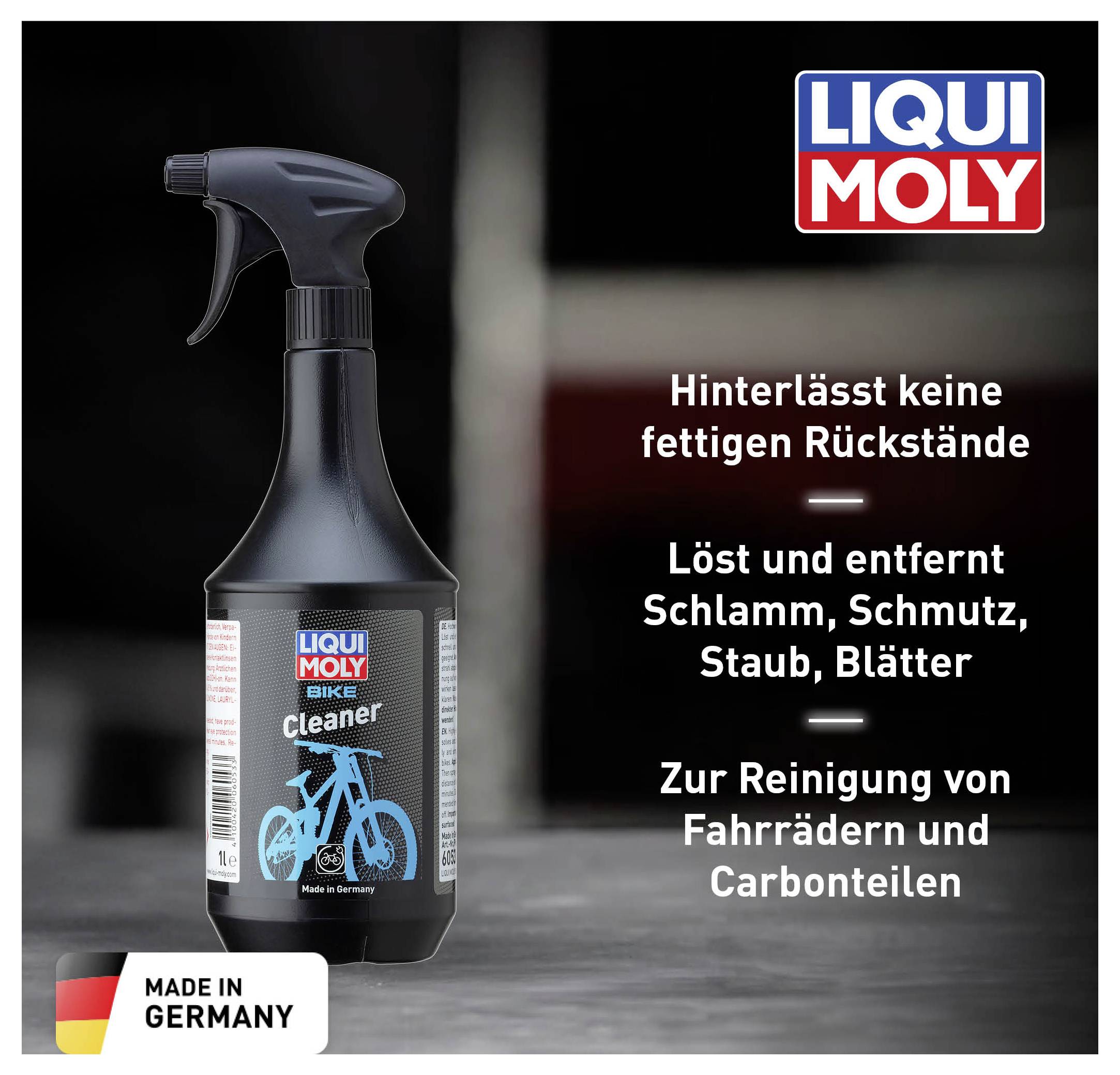 Eine schwarze Sprühflasche 'Liqui Moly Bike Cleaner' vor grauem Hintergrund. Aufschrift: 'Hinterlässt keine fettigen Rückstände.'