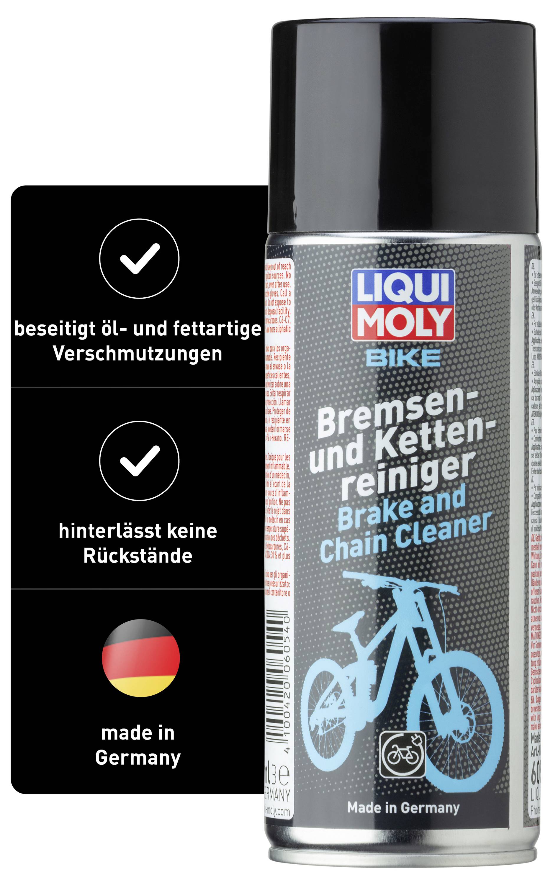 Spraydose LIQUI MOLY Bike Bremsen- und Kettenreiniger, entfernt Öl- und Fettverschmutzungen, rückstandsfrei, Made in Germany.