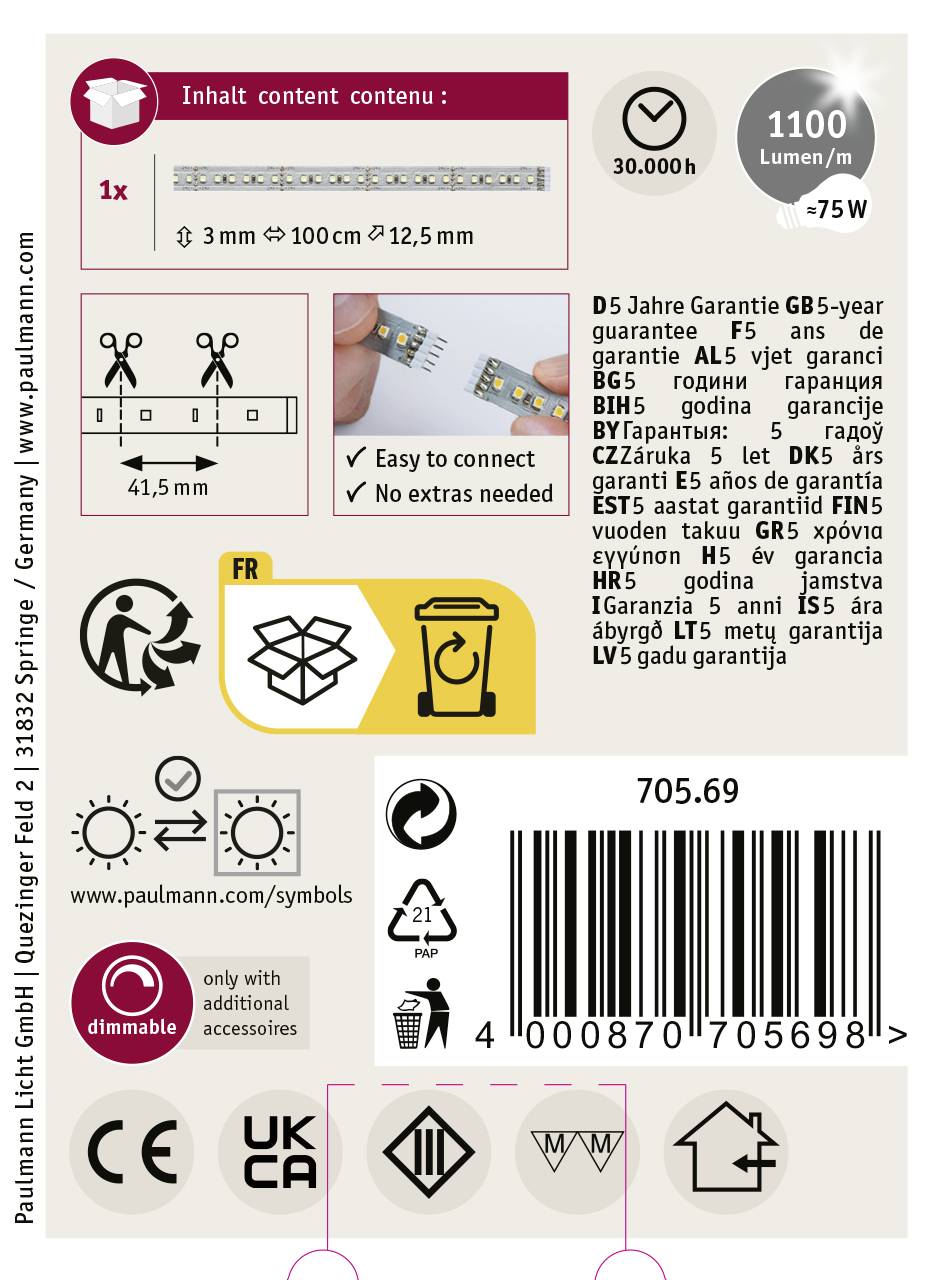 Paulmann MaxLED 1000 70569 LED-Streifen-Erweiterung mit Stecker 24V 1m Tageslichtweiß 1St.