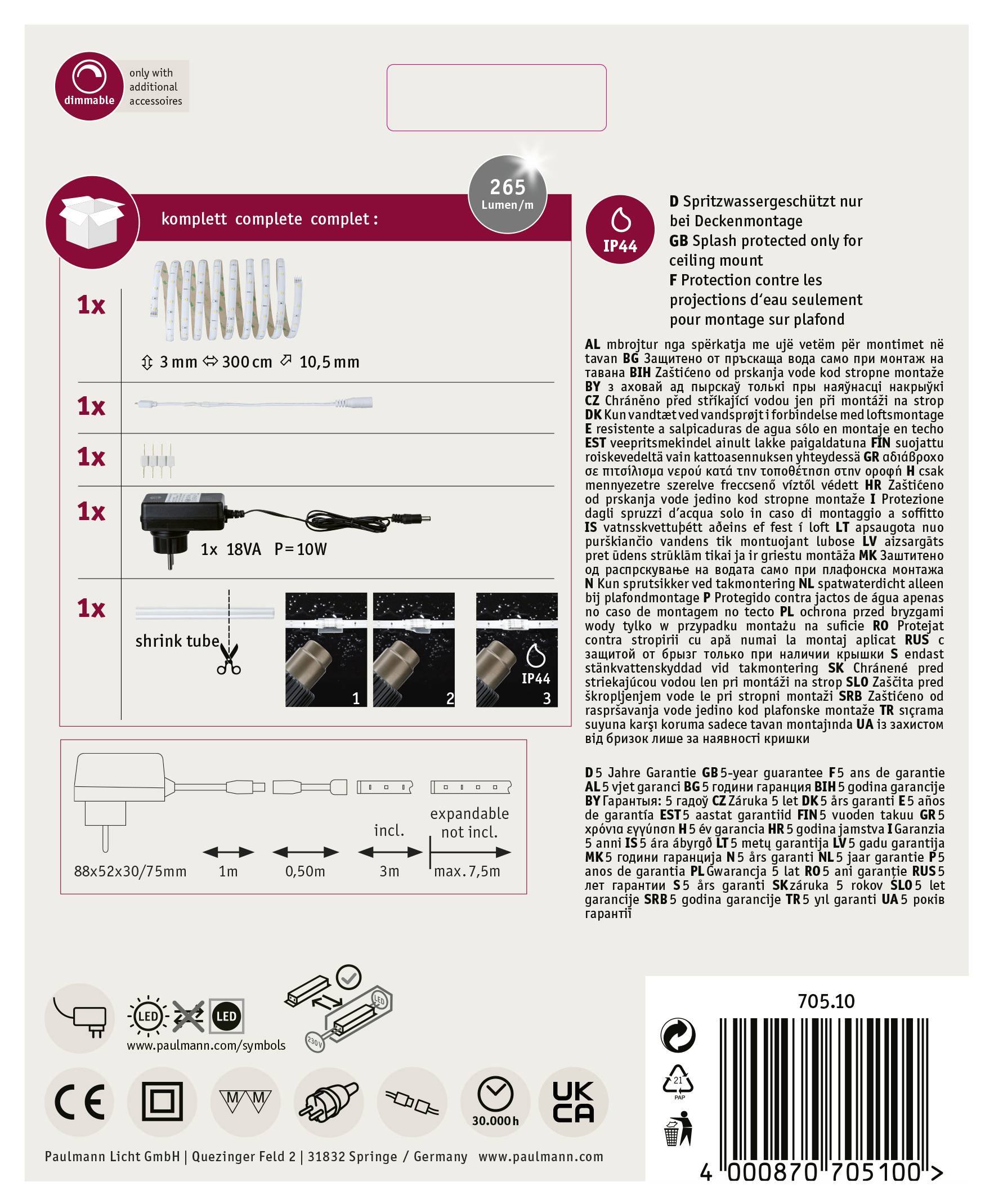 Paulmann YourLED Shrink 70510 LED-Streifen-Komplettset mit Stecker 12 V 3 m Warmweiß 1 St.