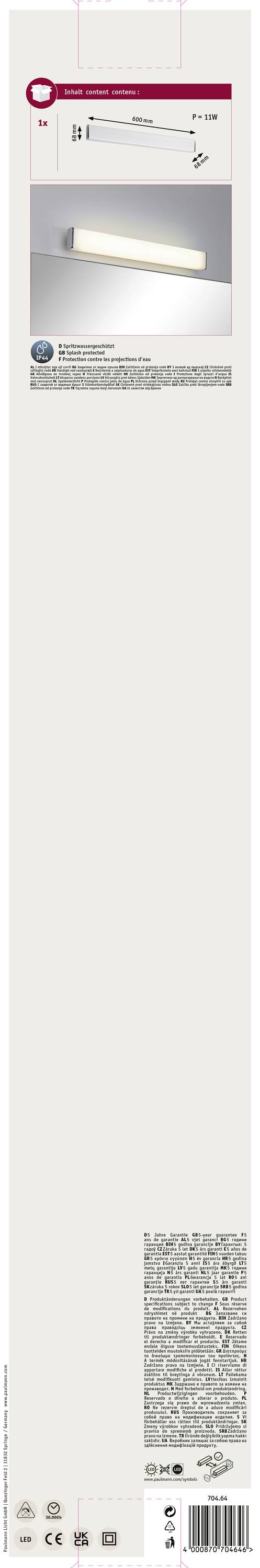 Paulmann Nembus 70464 LED-Bad-Wandleuchte 9W Warmweiß Chrom