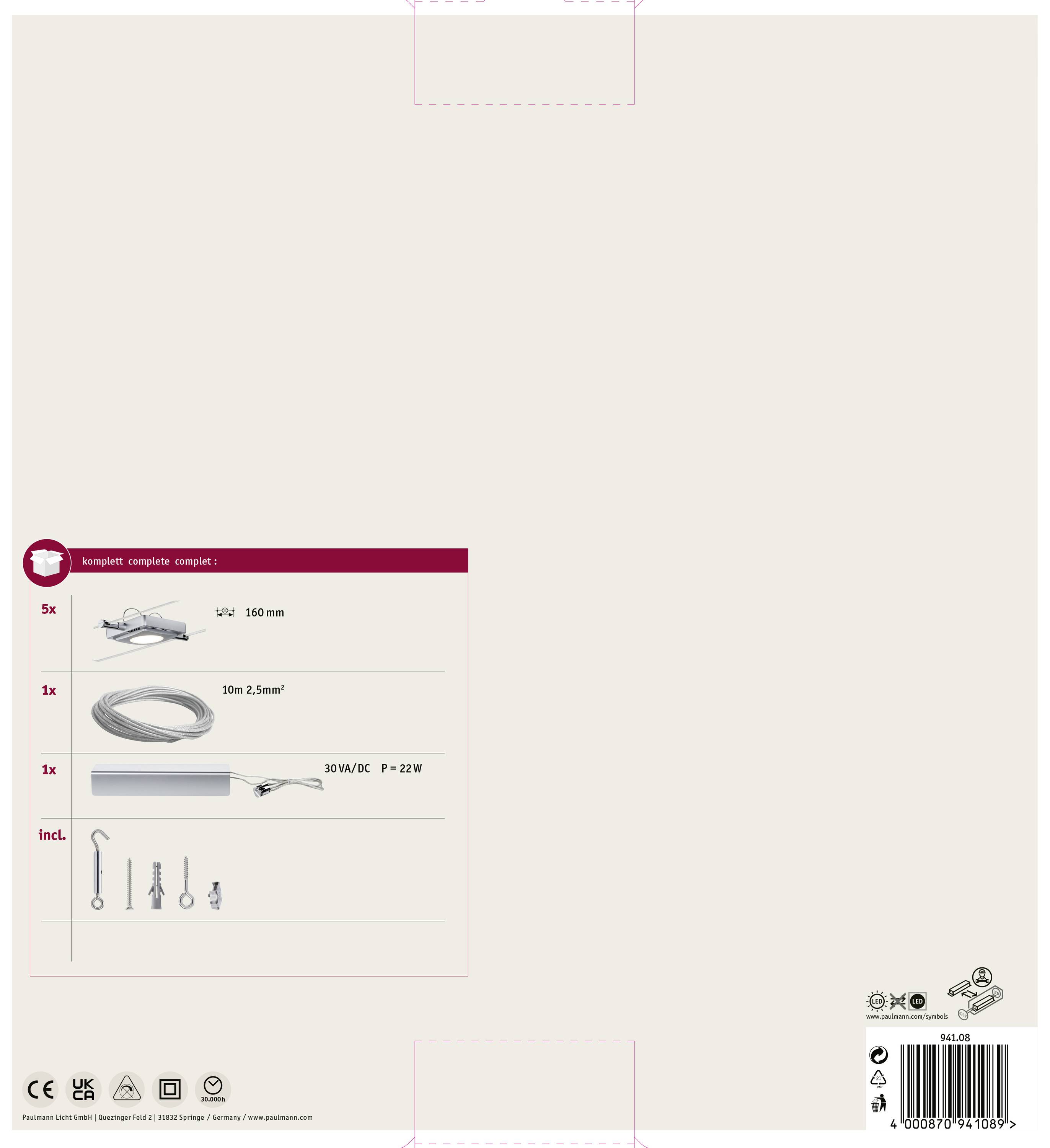Paulmann MacLED 94108 Seil-Komplettsystem LED fest eingebaut 22W LED Chrom (matt)