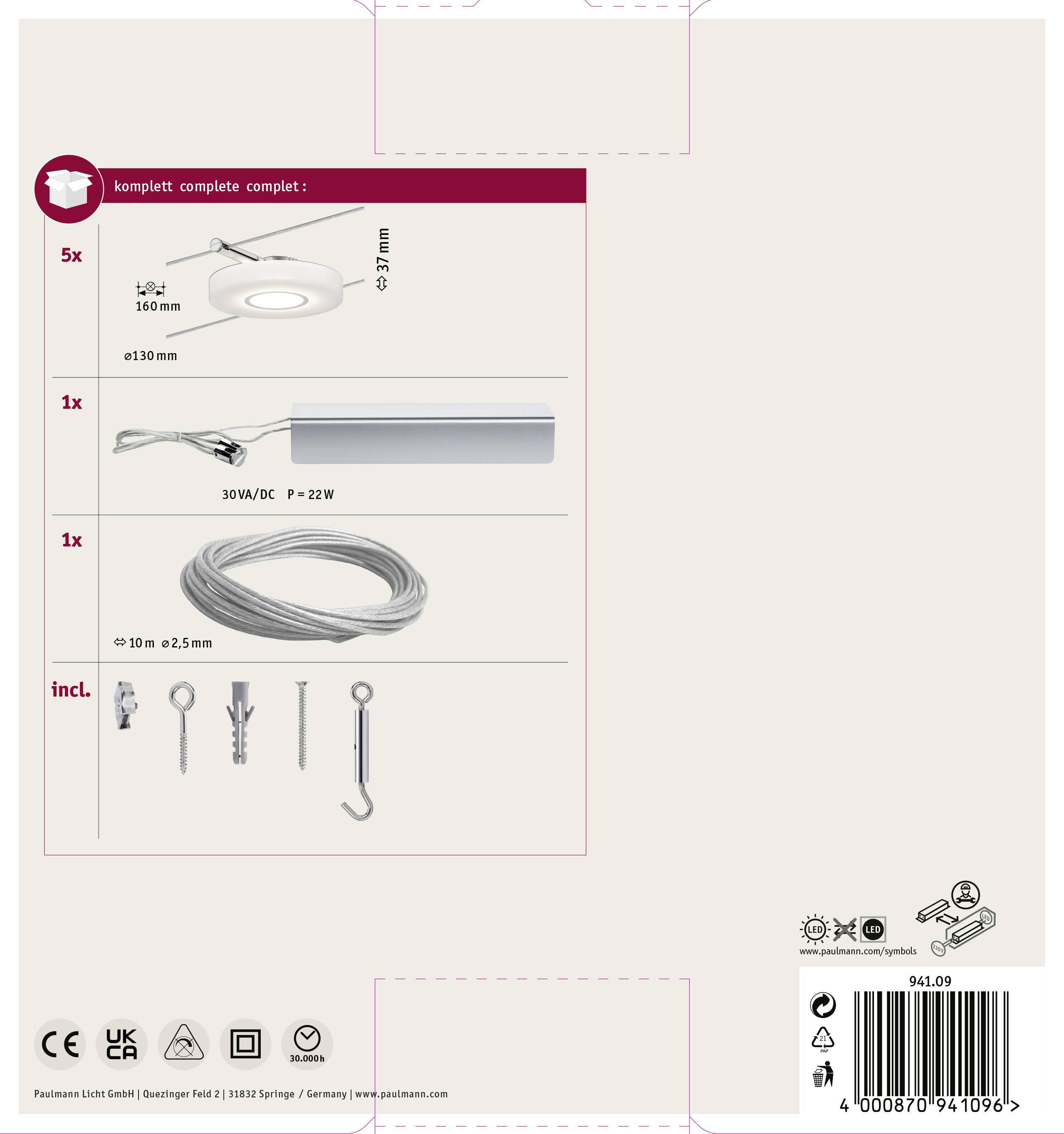 Paulmann DiscLEDI 94109 Seil-Komplettsystem LED fest eingebaut 22 W LED Chrom, Satin