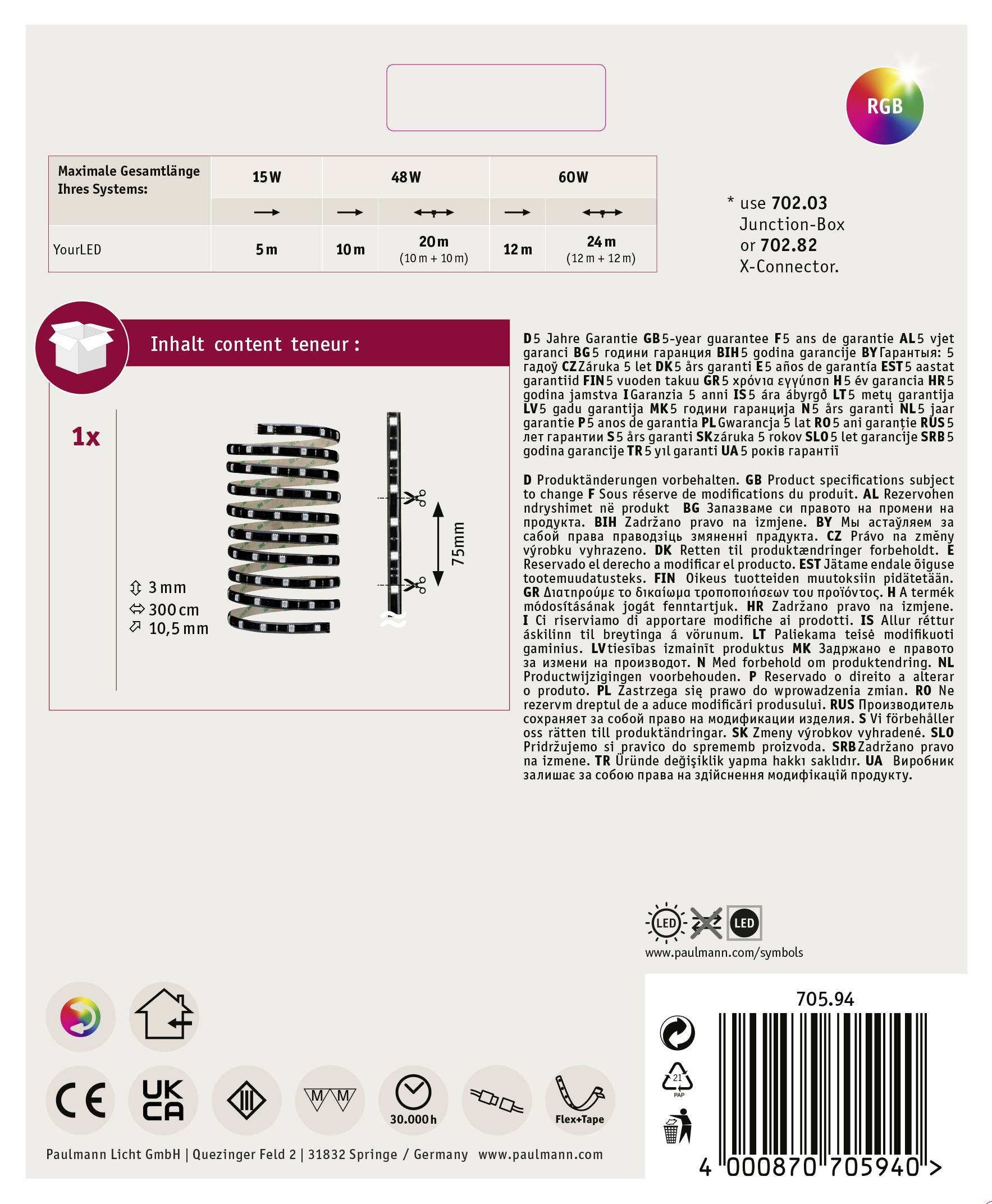 Paulmann YourLED 70594 LED-Streifen mit Stecker 12V 3m RGB 1St.