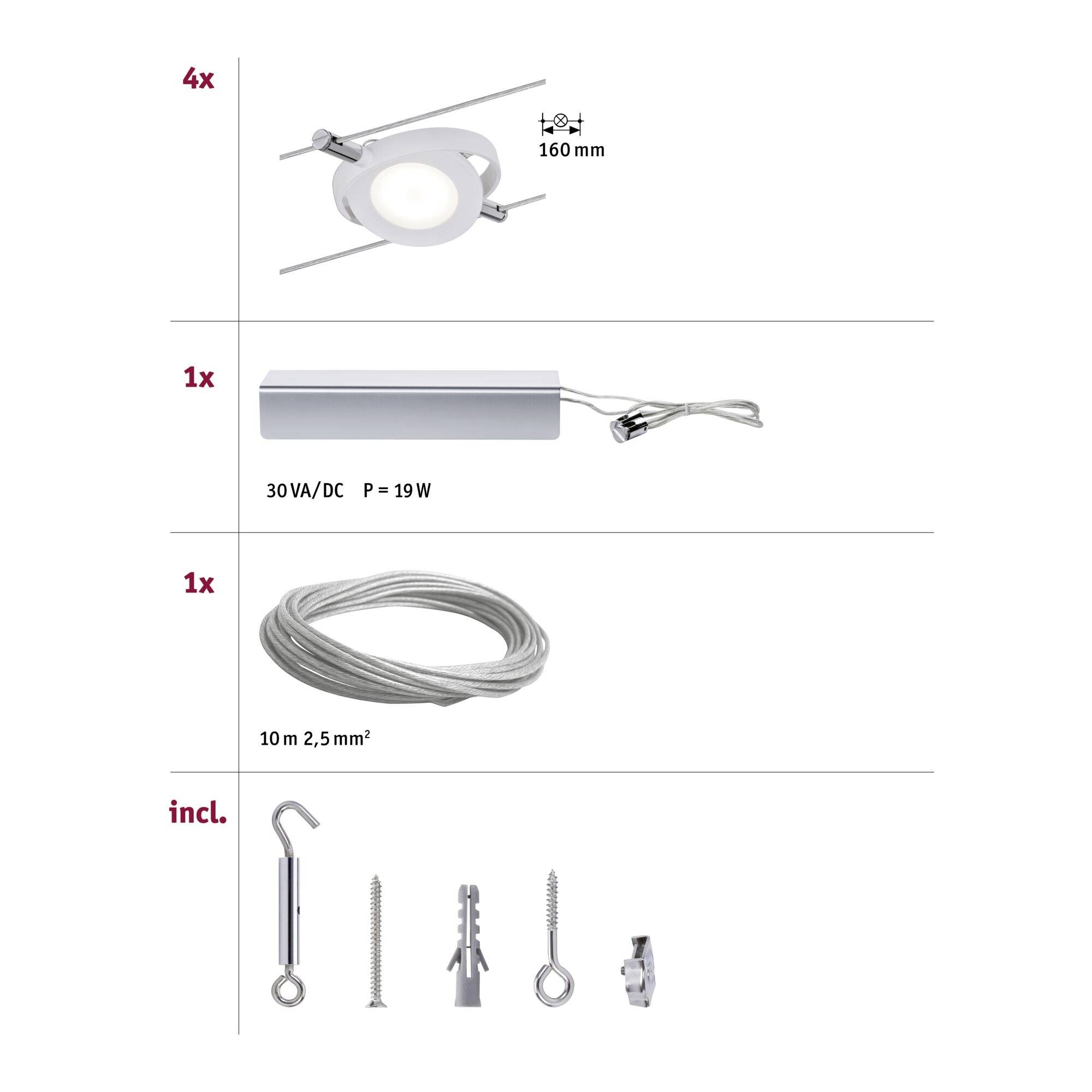 Paulmann RoundMac 94105 Seil-Komplettsystem LED fest eingebaut 18W LED Weiß (matt)