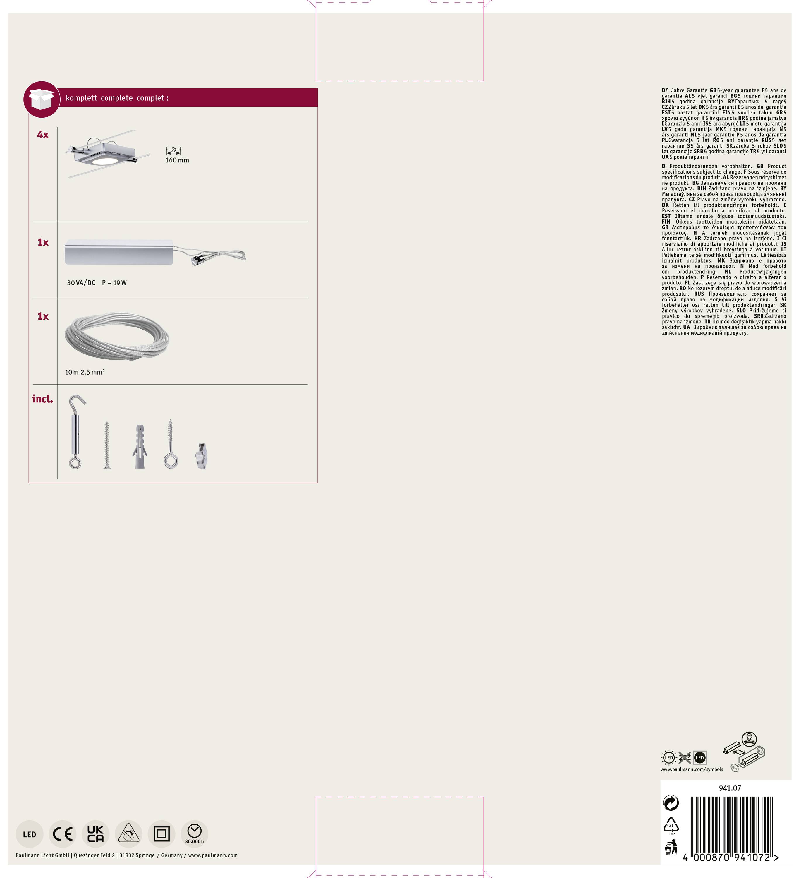 Paulmann MacLED 94107 Seil-Komplettsystem LED fest eingebaut 18W LED Chrom (matt)