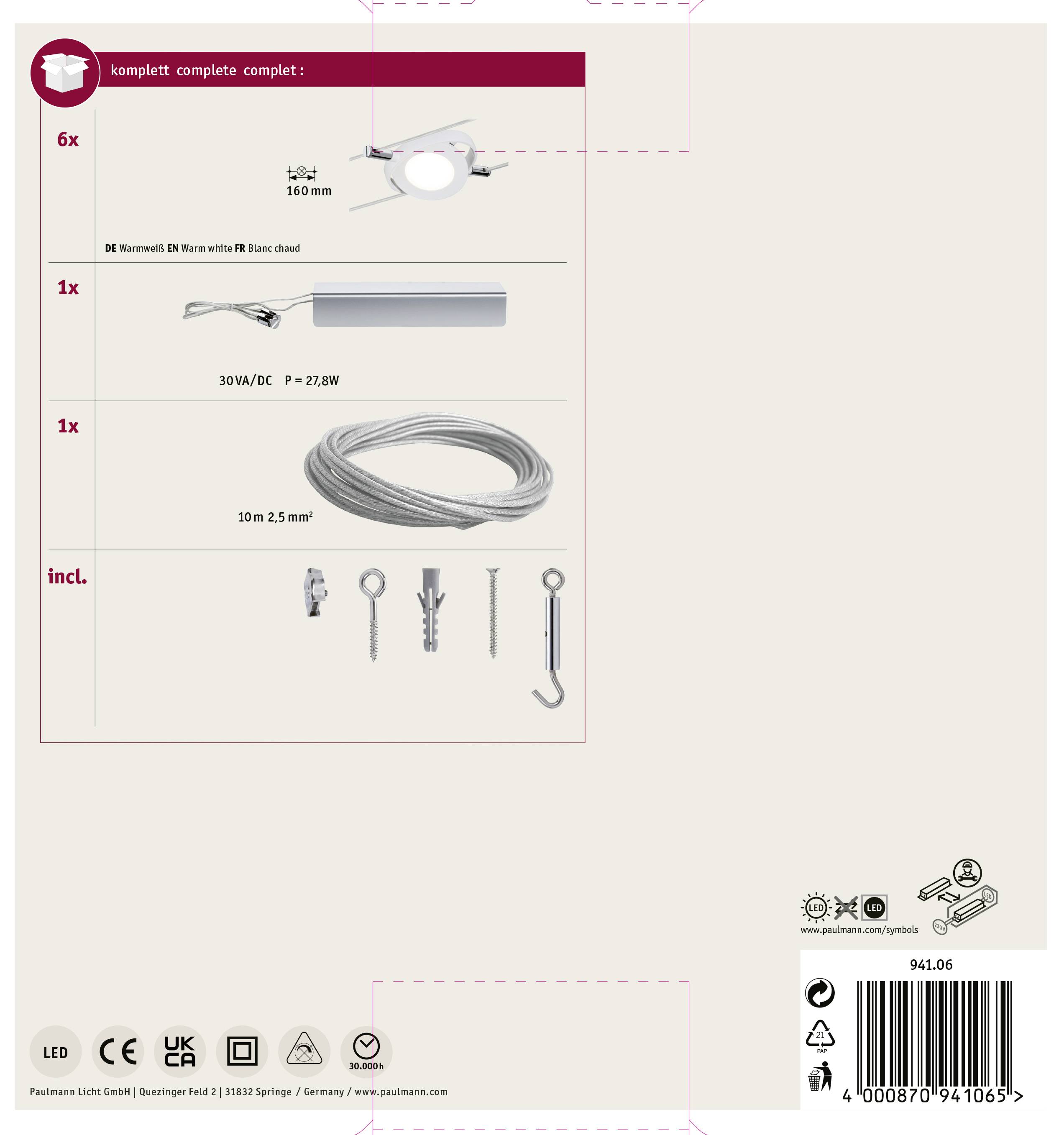 Paulmann RoundMac 94106 Seil-Komplettsystem LED fest eingebaut 26W LED Weiß (matt)