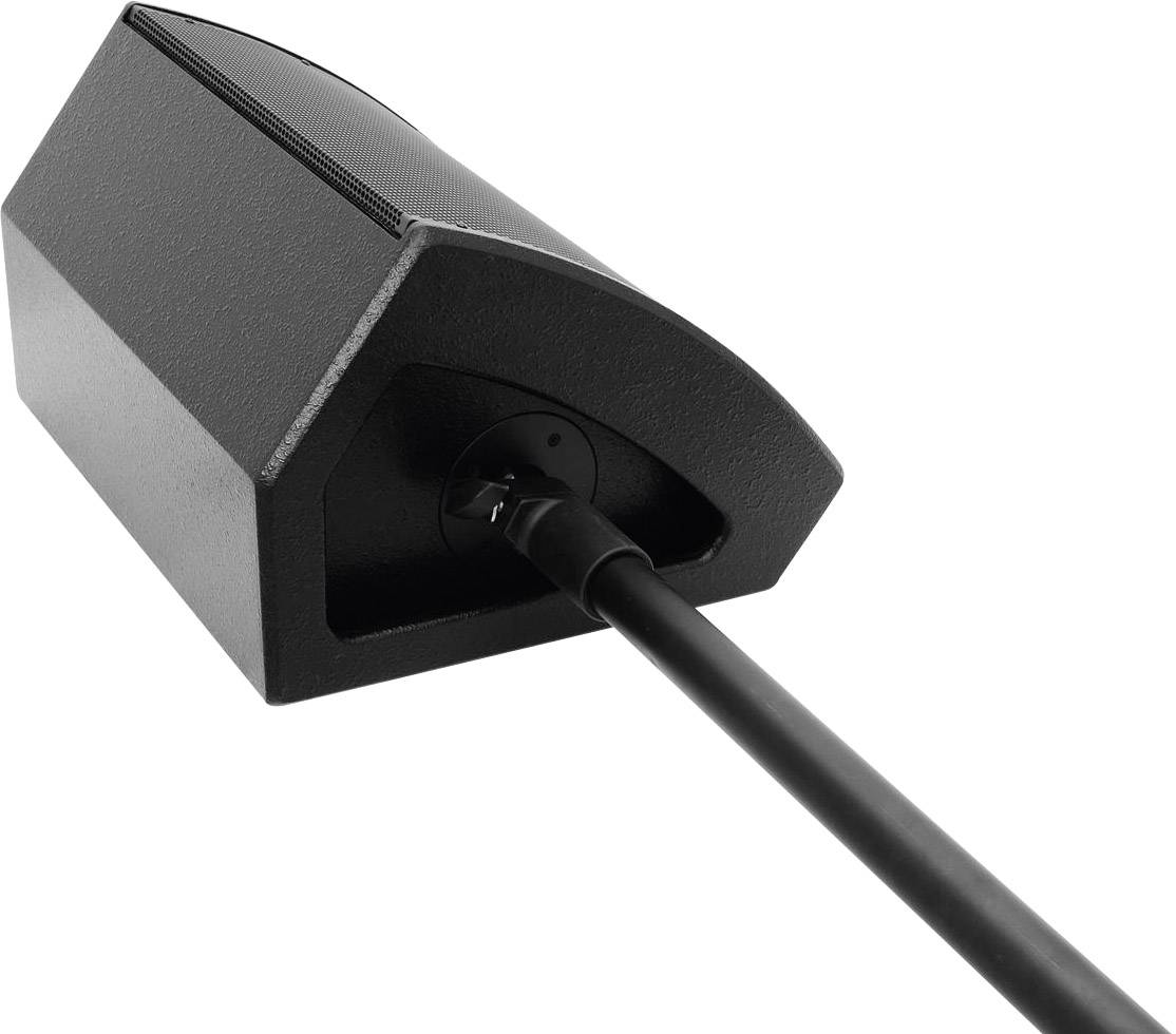 Schwarze Überwachungskamera mit rechteckigem Gehäuse und montiertem Kabel, von rechts hinten betrachtet.