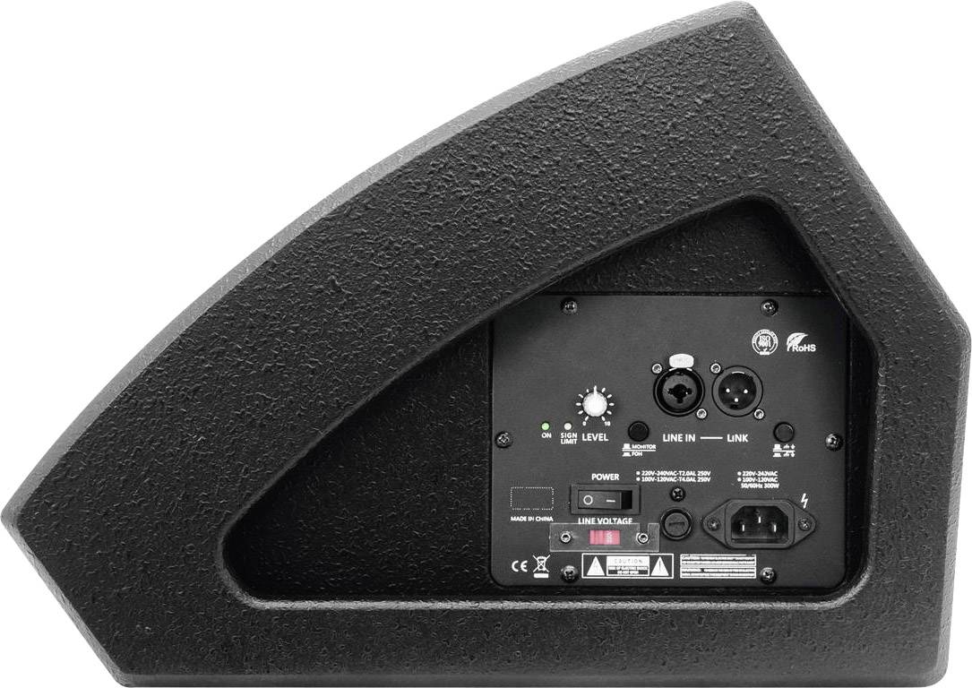 Rückansicht eines Lautsprechers mit XLR- und Klinkenanschlüssen, Lautstärkeregler und Stromanschluss.