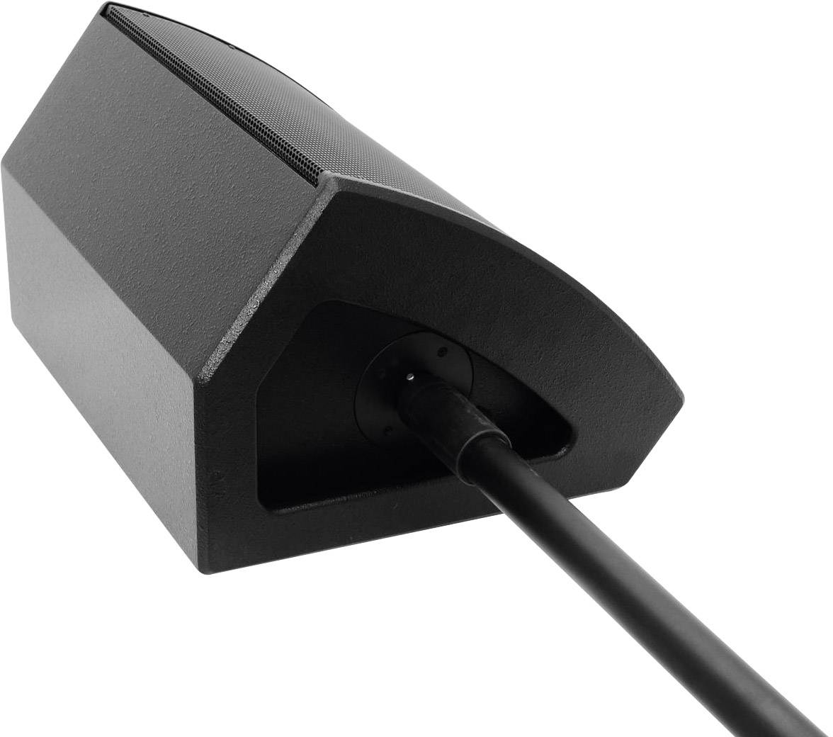 Ein schwarzer Lautsprecher an einem Ständer, schräg von unten fotografiert.