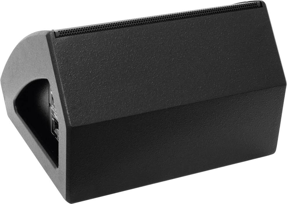 Ein schwarzer Lautsprecher in rechteckiger Form, leicht nach hinten geneigt, mit sichtbarem Lautsprechergitter und Anschlüssen an der Seite.