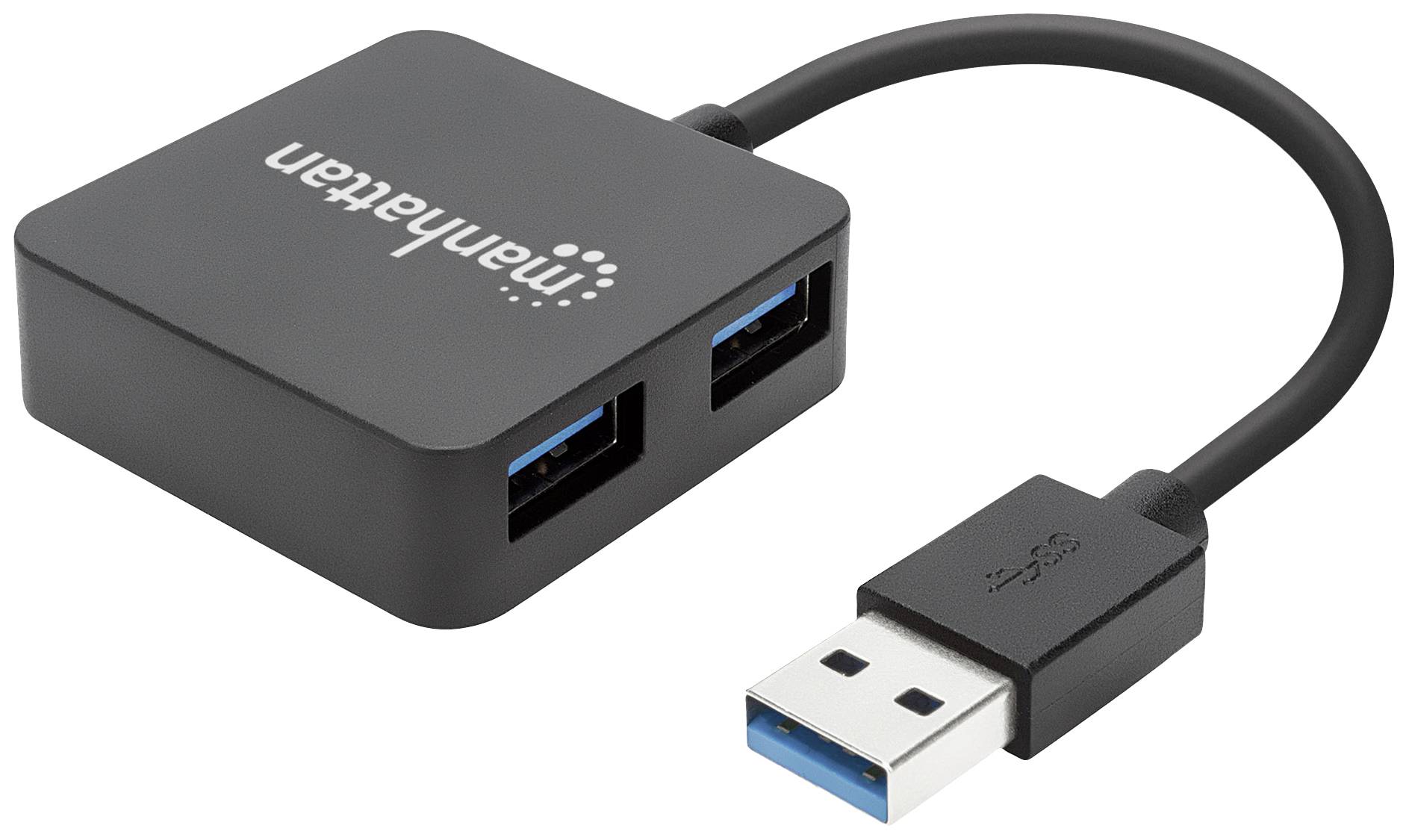 Schwarzer USB-Hub mit zwei USB-3.0-Anschlüssen und angeschlossenem Kabel. Markenname auf der Oberseite.