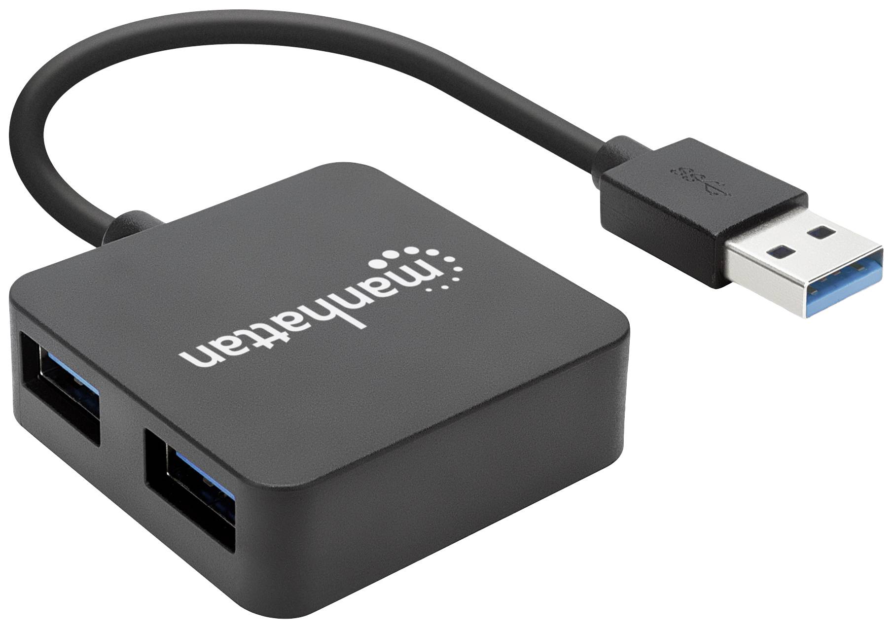 Schwarzer USB-Hub von Manhattan mit zwei USB-Anschlüssen und einem Verbindungskabel. Ideal für die Erweiterung von USB-Anschlüssen.