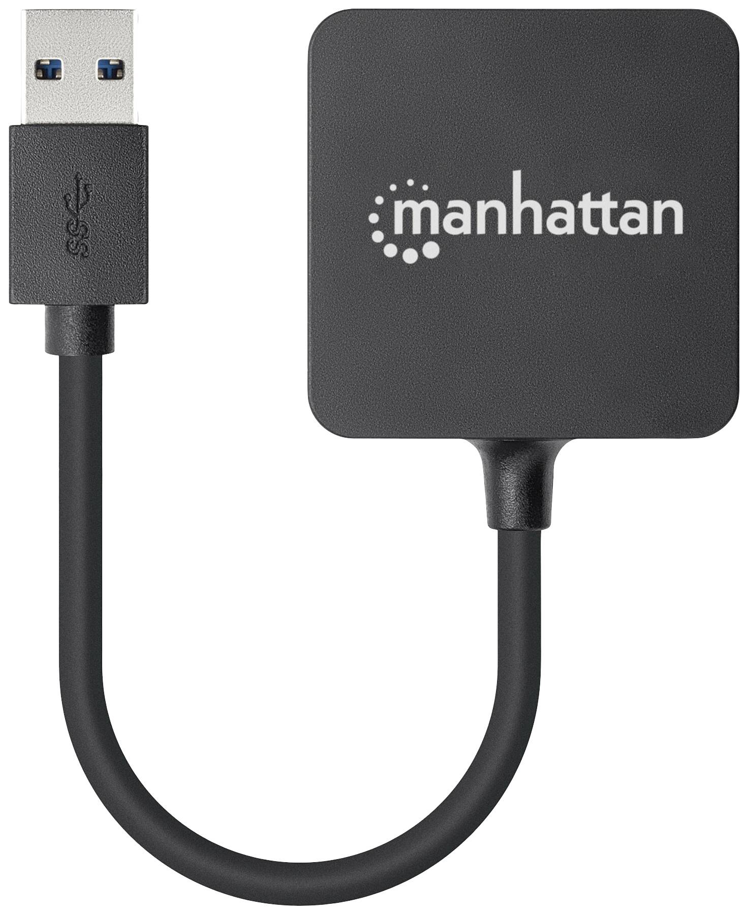 Ein schwarzer USB-Hub mit der Aufschrift 'manhattan'. Er hat ein quadratisches Design und ein USB-Anschlusskabel.