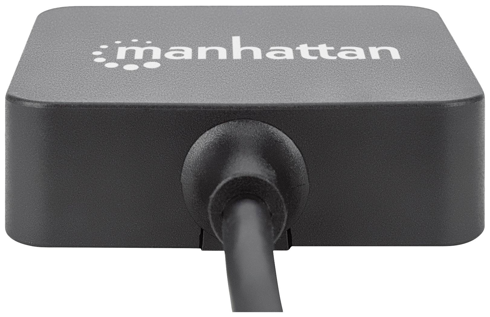 Schwarzes USB-Hub mit 'manhattan'-Logo und einem angeschlossenen Kabel; dient als Verbindungsgerät für mehrere USB-Anschlüsse.