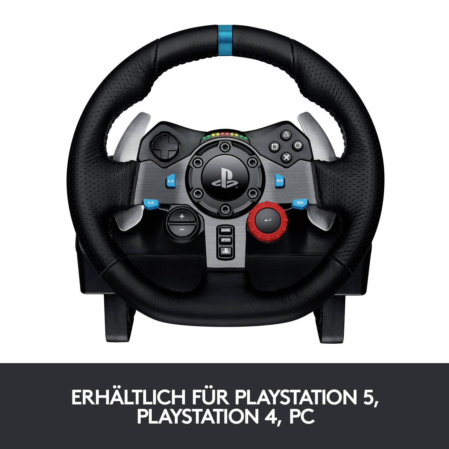 Ein schwarzes Lenkrad für Gaming mit Knöpfen und Schaltwippen. Kompatibel mit PlayStation 5, PlayStation 4 und PC.