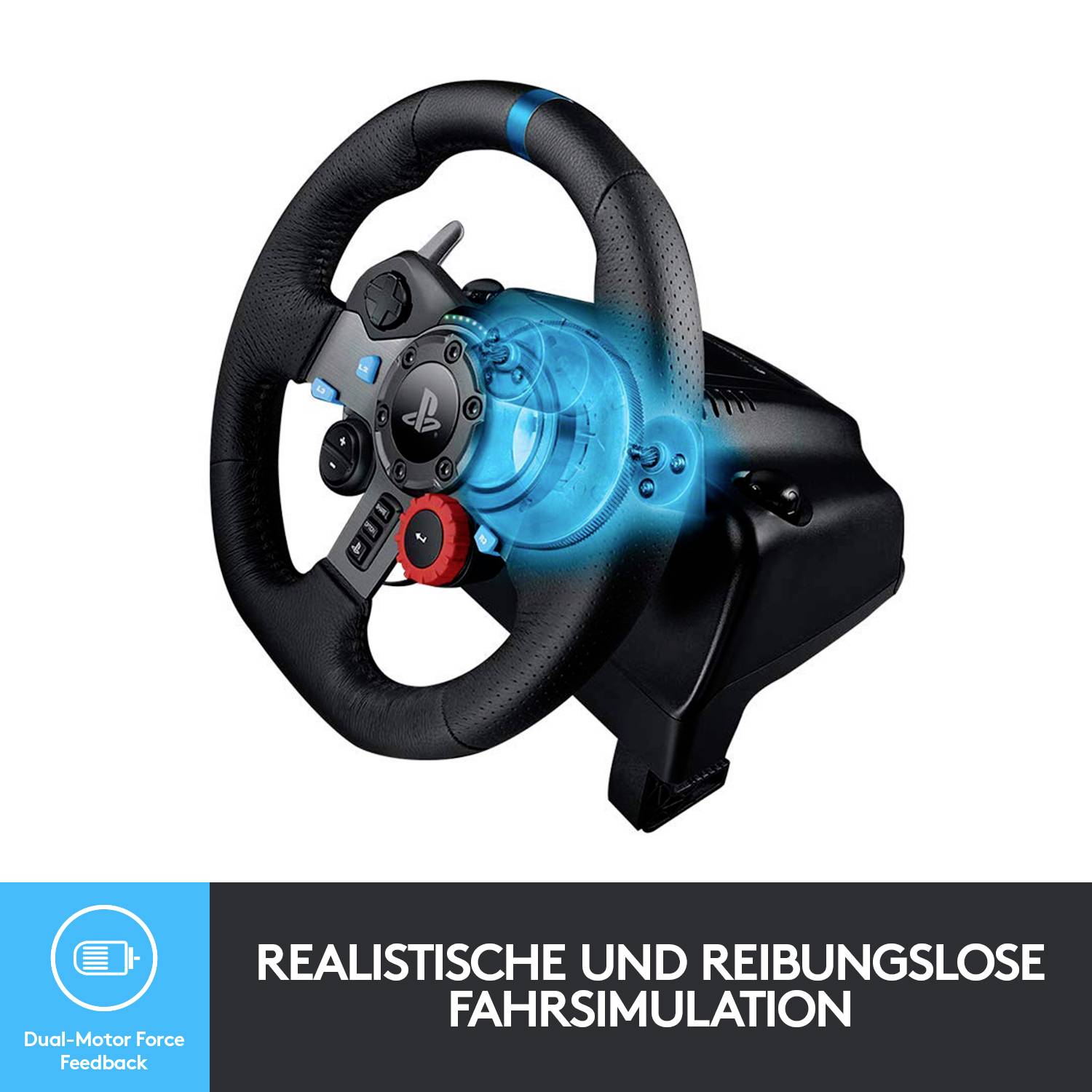 Ein schwarzes Gaming-Lenkrad mit mehreren Tasten und einem blauen Lichteffekt, beworben für realistische Fahrsimulation.