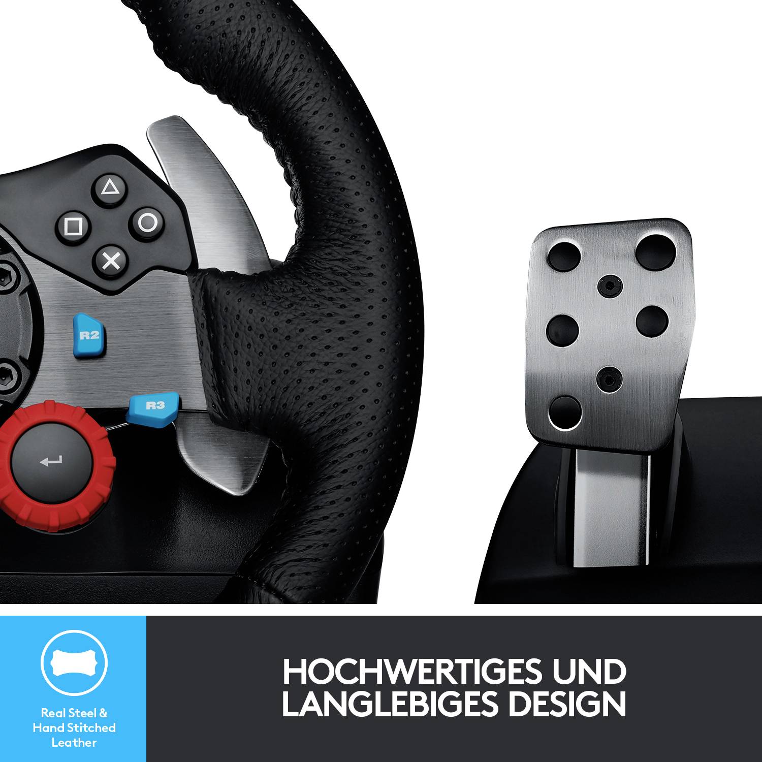 Lenkrad und Pedale eines Rennsimulators, betont durch den Text 'Hochwertiges und langlebiges Design'.