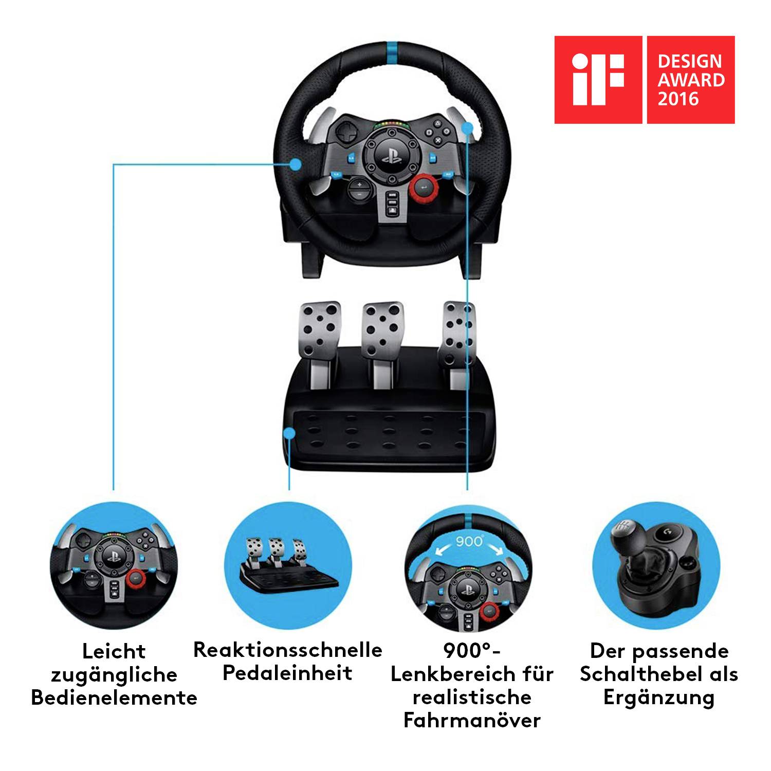 Gaming-Lenkrad-Set mit reaktionsschnellen Pedalen und anpassbarem Schalthebel. Ausgezeichnet mit iF Design Award 2016.